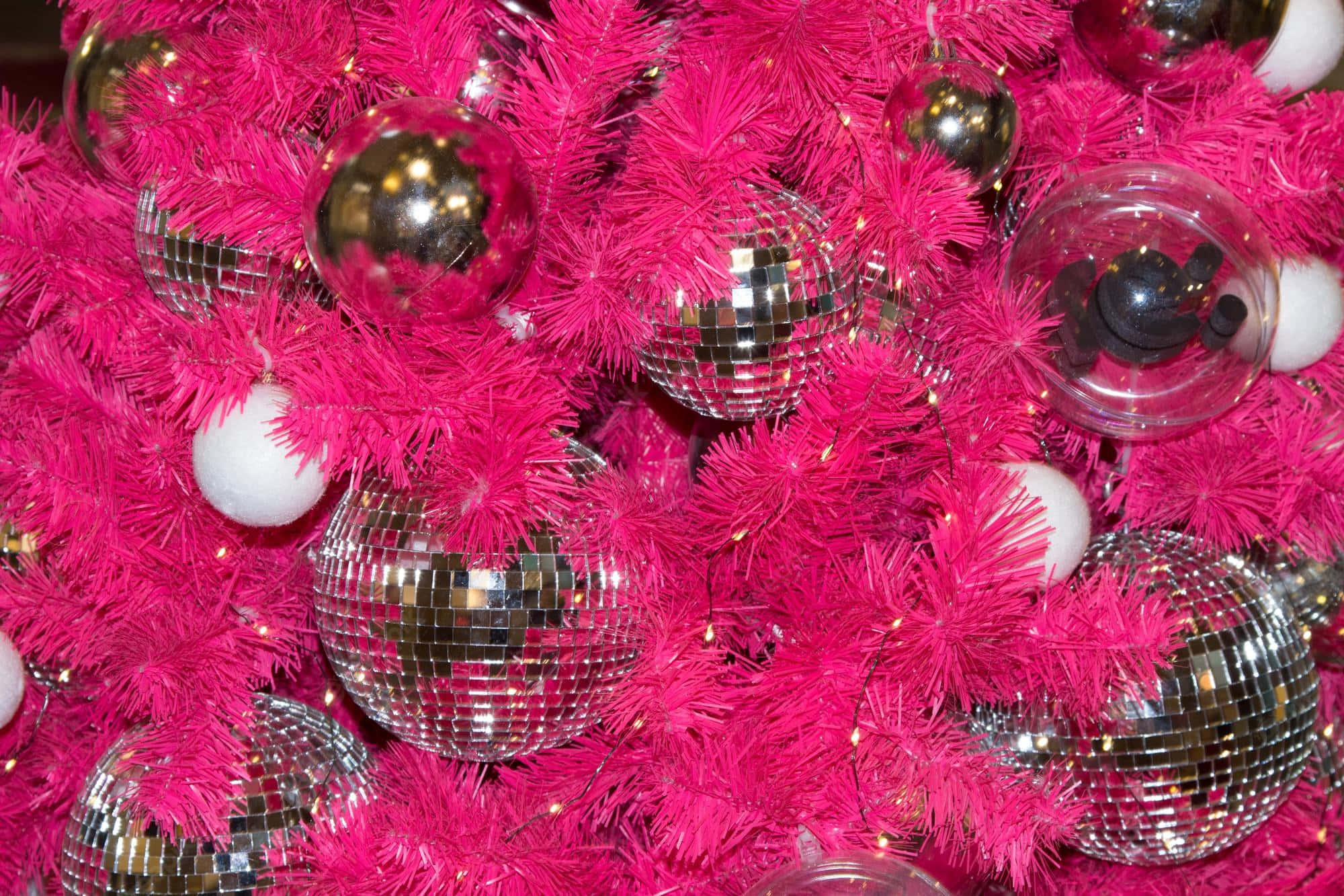 pink christmas tree, disco balls, silver ornaments, Full HD Desktop Wallpaper