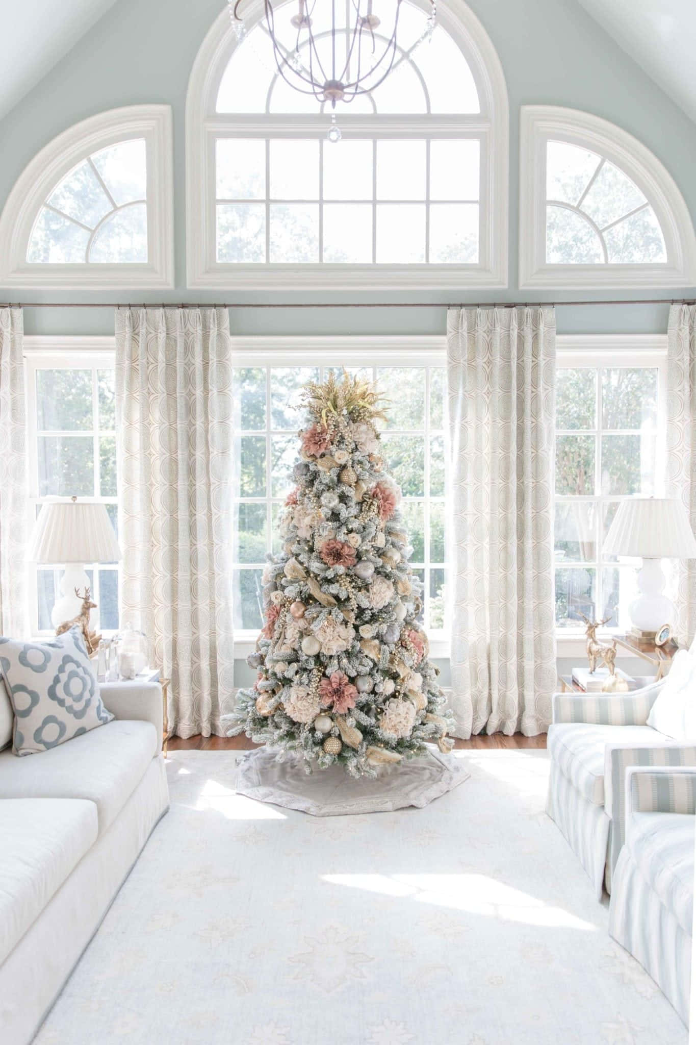 pink christmas tree, blush pink, cream florals, Full HD Phone Wallpaper