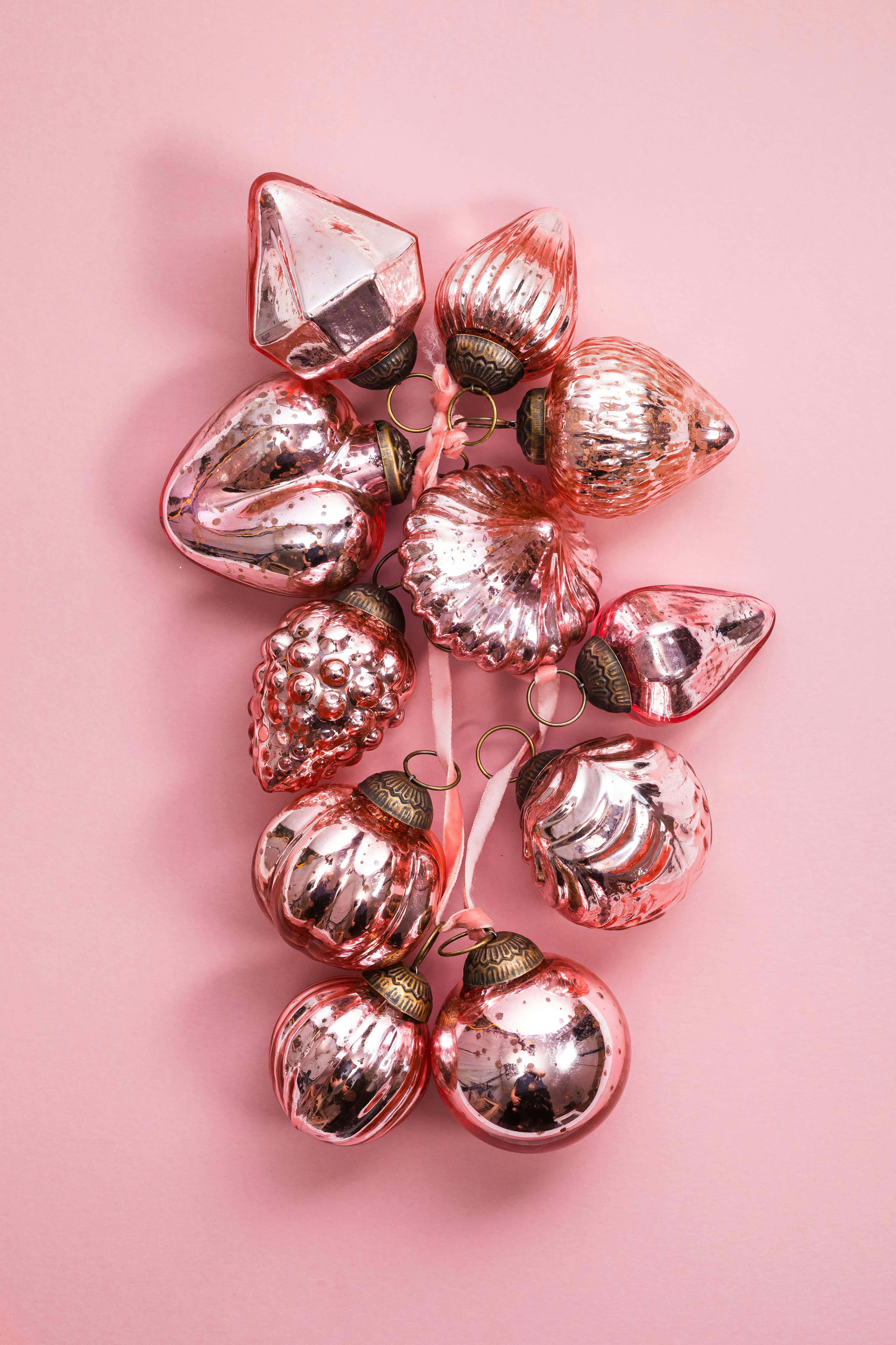 vintage pink christmas ornaments, shiny pink metallic, various shapes, 5K Phone Wallpaper