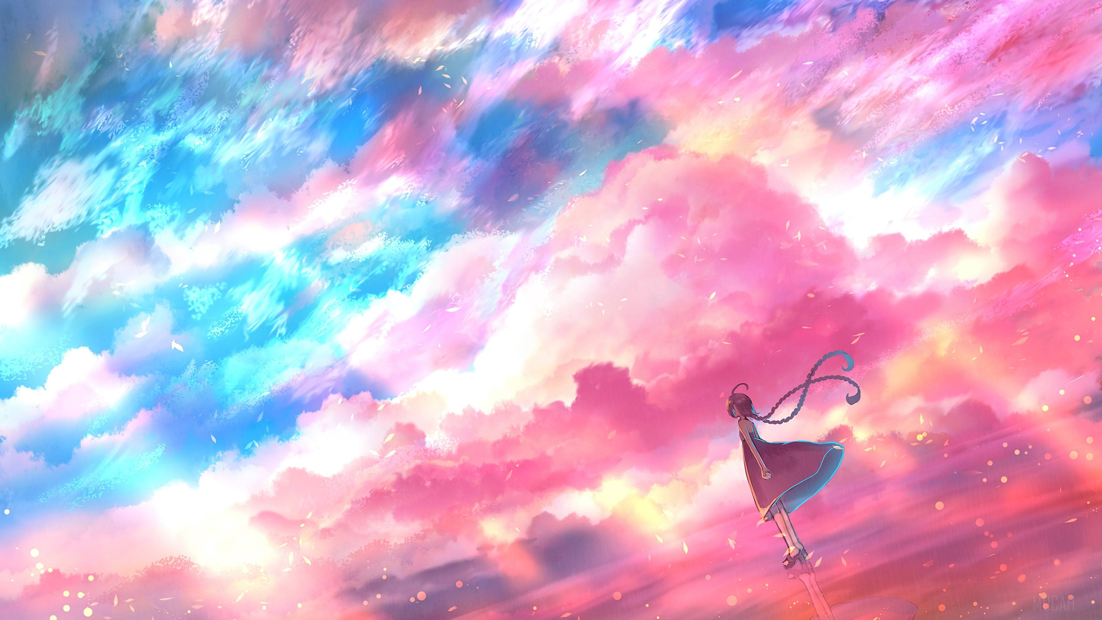 Pink Cloud, anime girl, flowing dress, 4K Desktop Wallpaper
