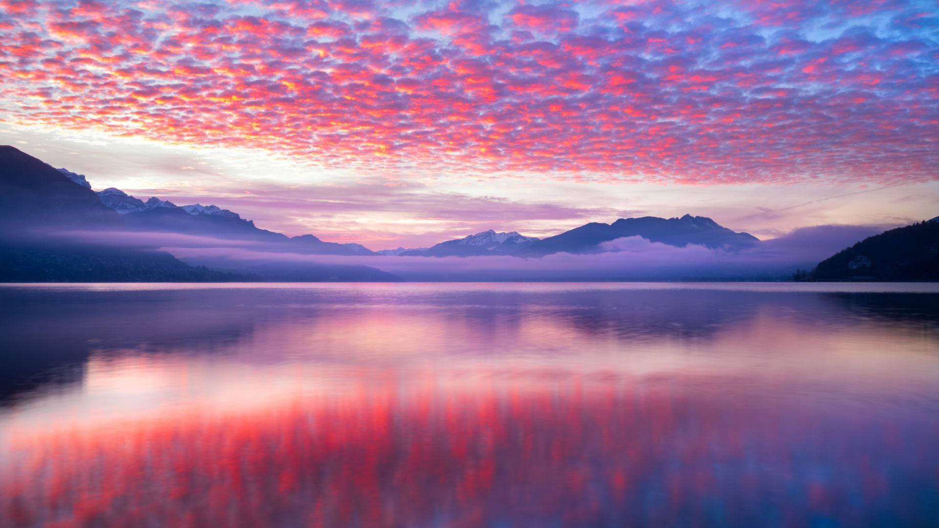 Pink Cloud, lake reflection, vibrant pink and purple sunrise sky, Full HD Desktop Wallpaper