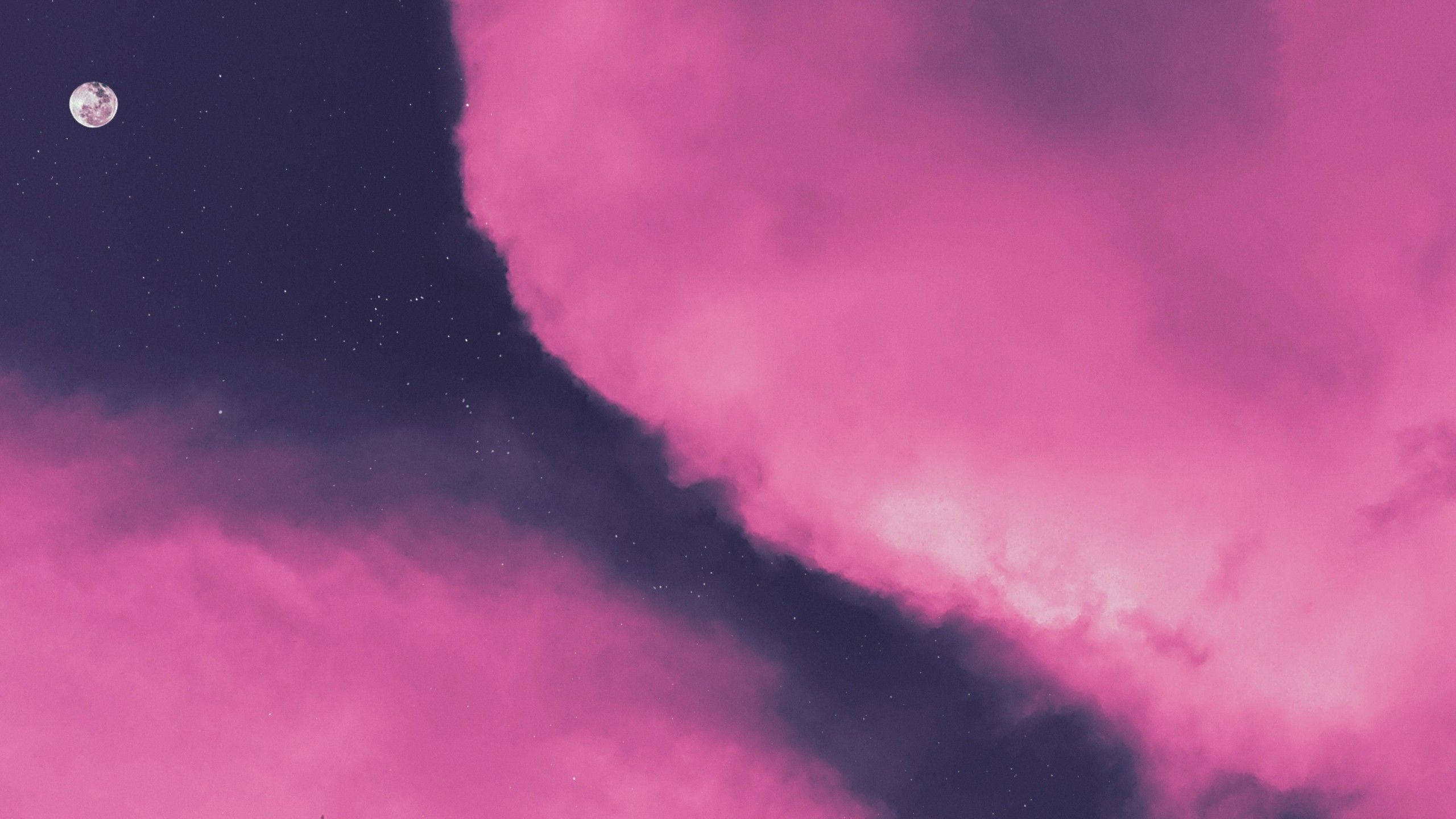 Moon, Pink Cloud, Starry Night Sky, 2K Desktop Wallpaper