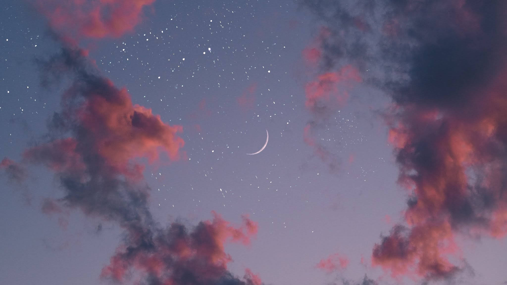 Pink Cloud, crescent moon, pink and purple clouds, Full HD Desktop Wallpaper