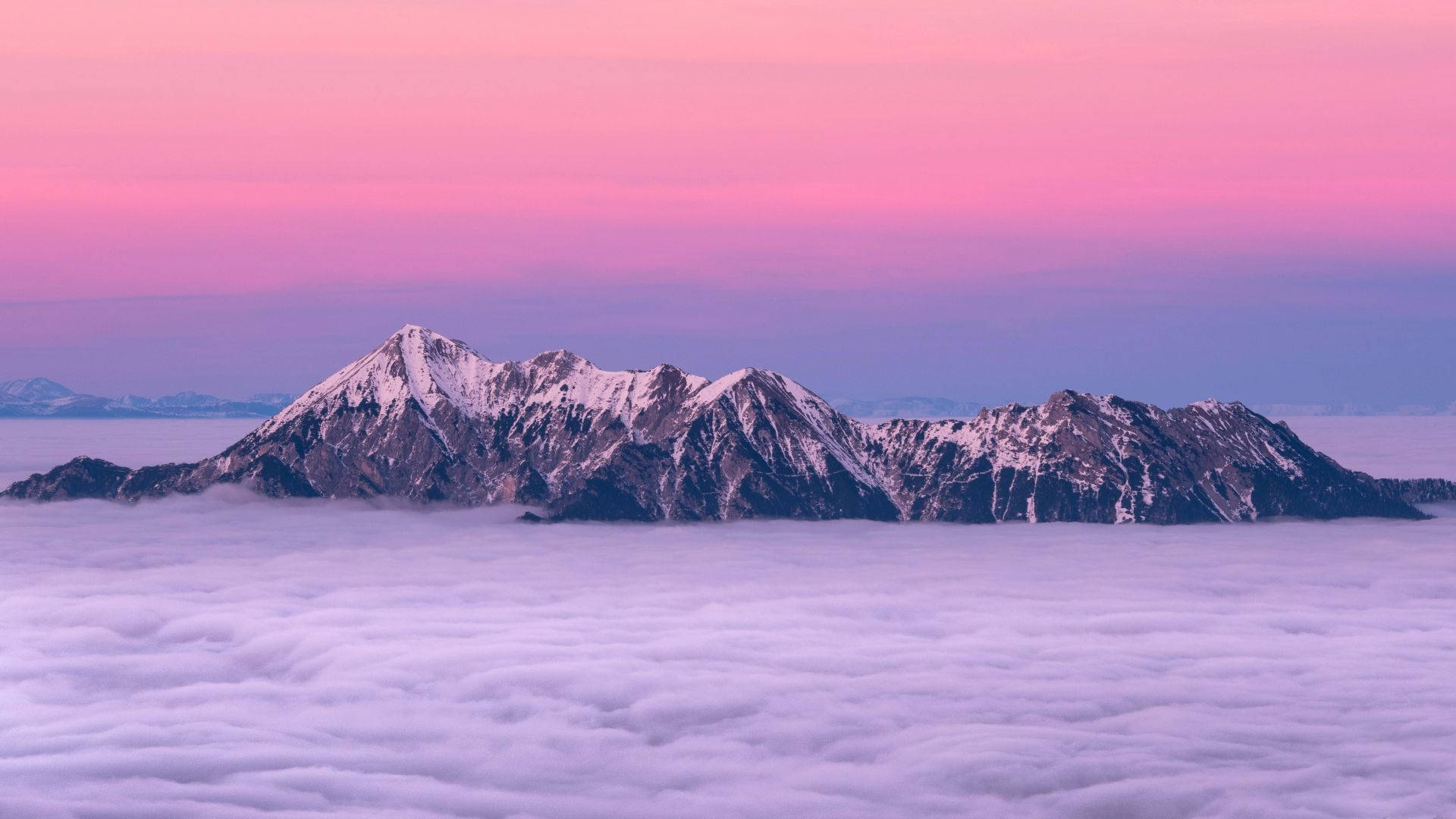 Pink Cloud Mountains, snowcapped mountain peaks, sea of clouds, Full HD Desktop Wallpaper