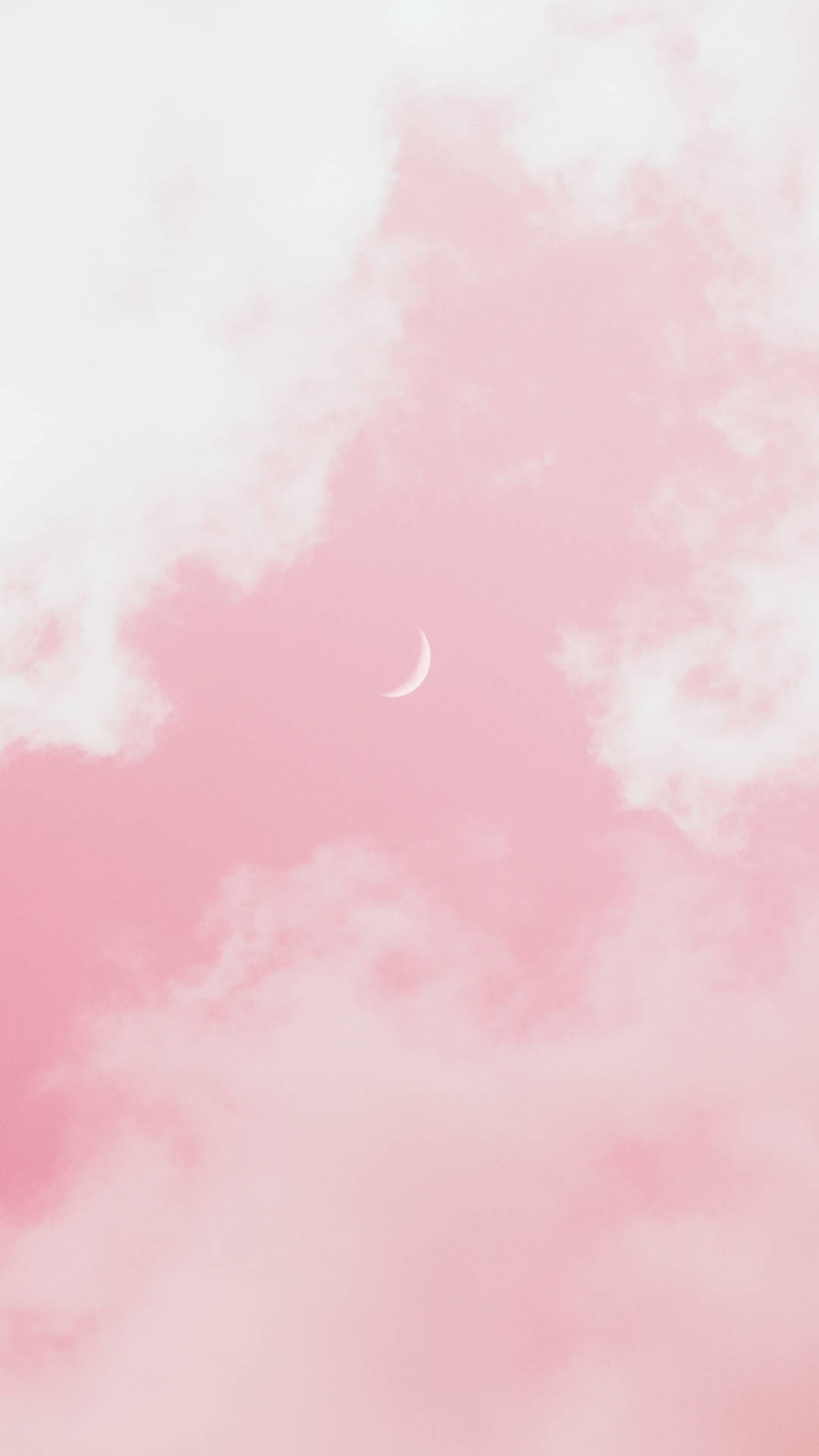 crescent moon, pink sky, fluffy white clouds, Full HD Phone Wallpaper