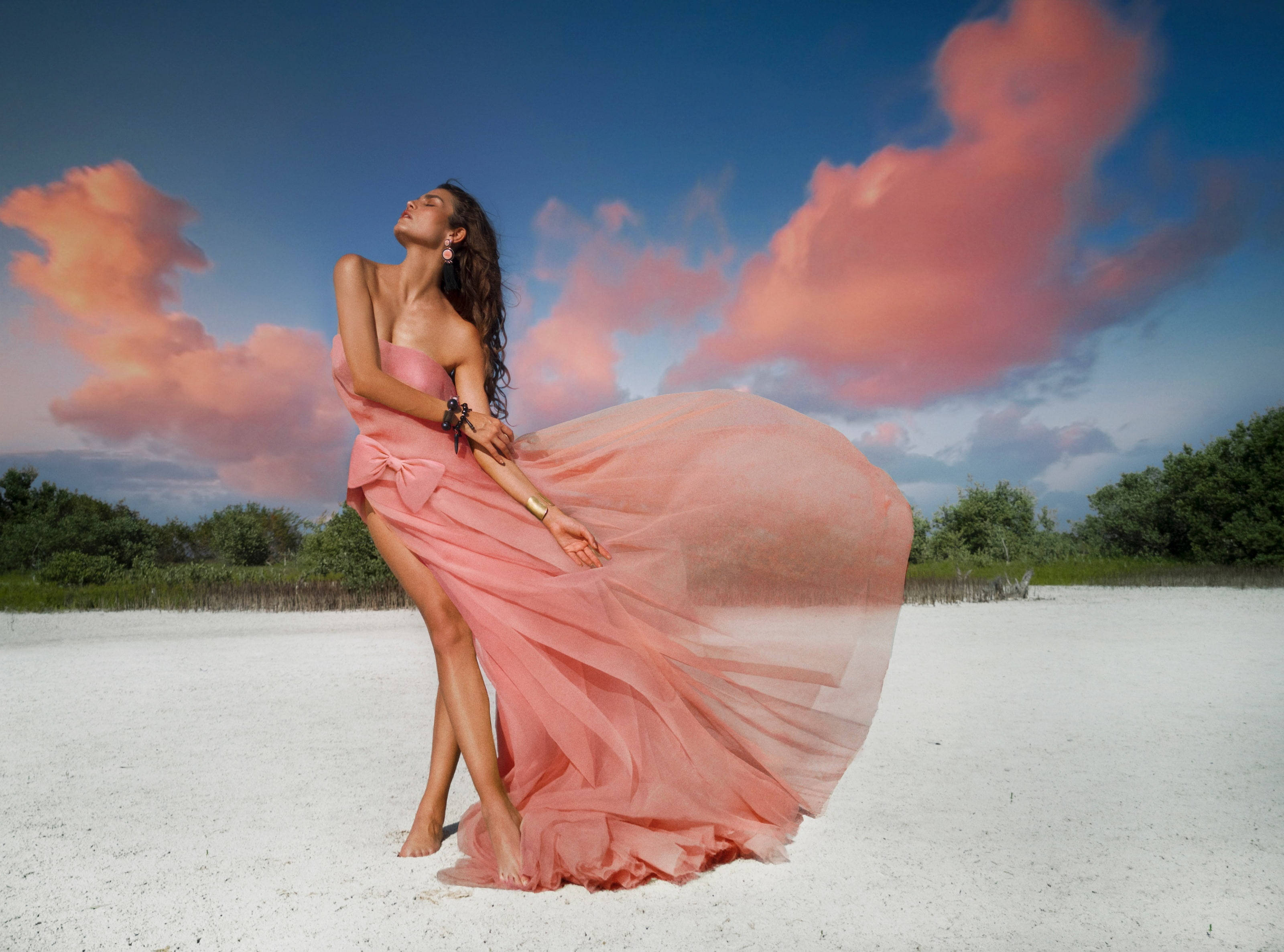 pink dress, white sand, pink and blue clouds, 2K Desktop Wallpaper