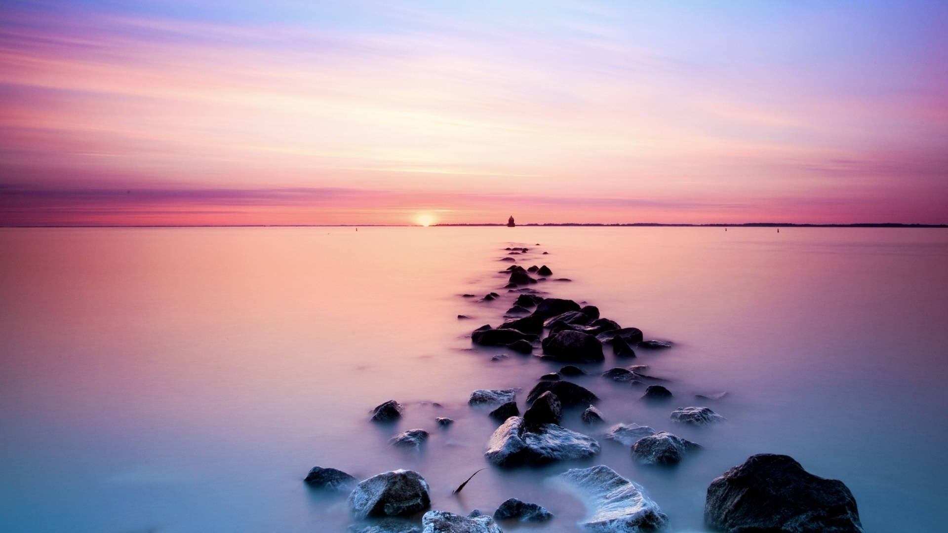 Pink Clouds, sunset, calm waters, Full HD Desktop Wallpaper