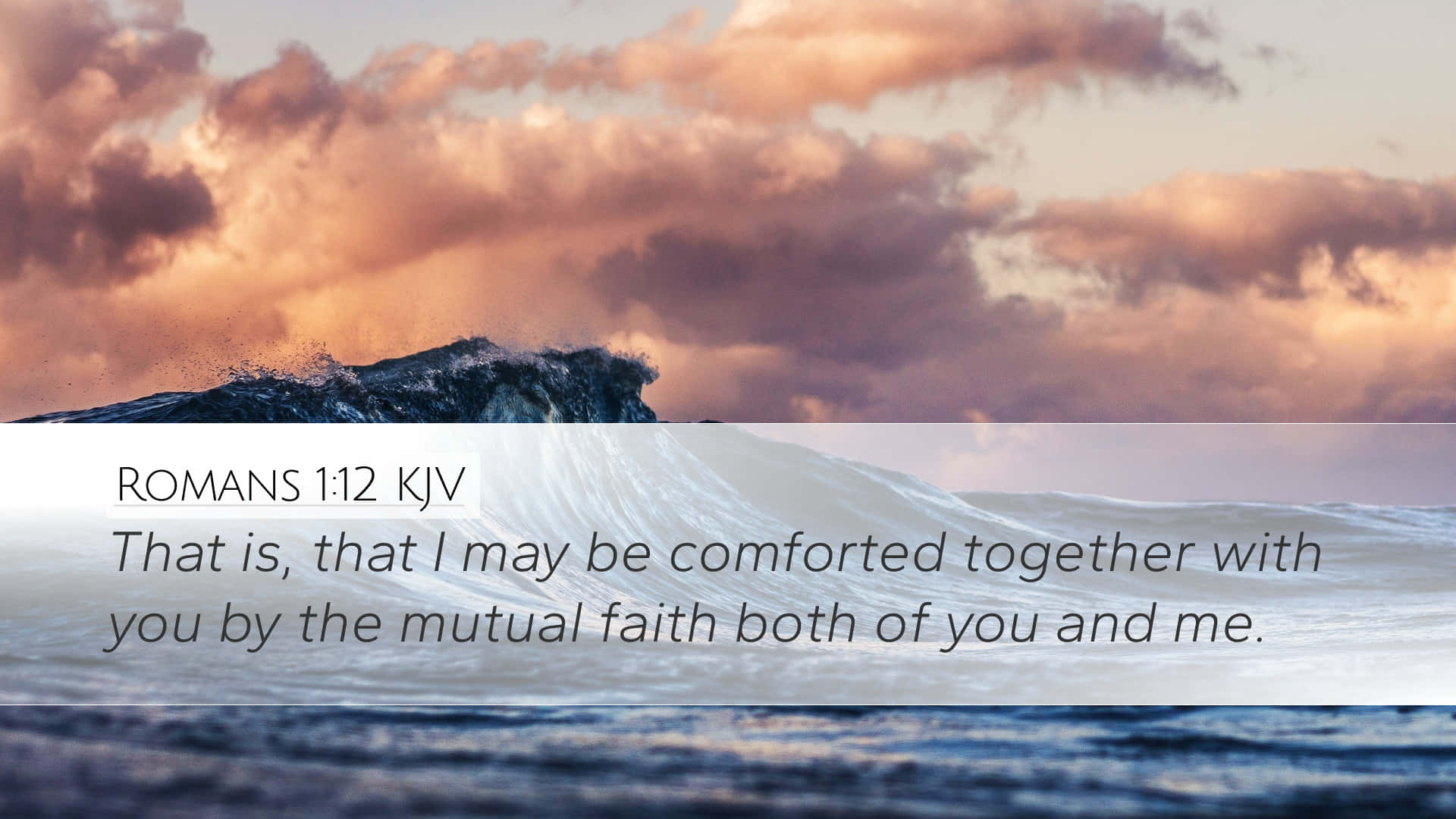 pink and purple sunset sky, ocean wave cresting, biblical verse overlay, Full HD Desktop Wallpaper