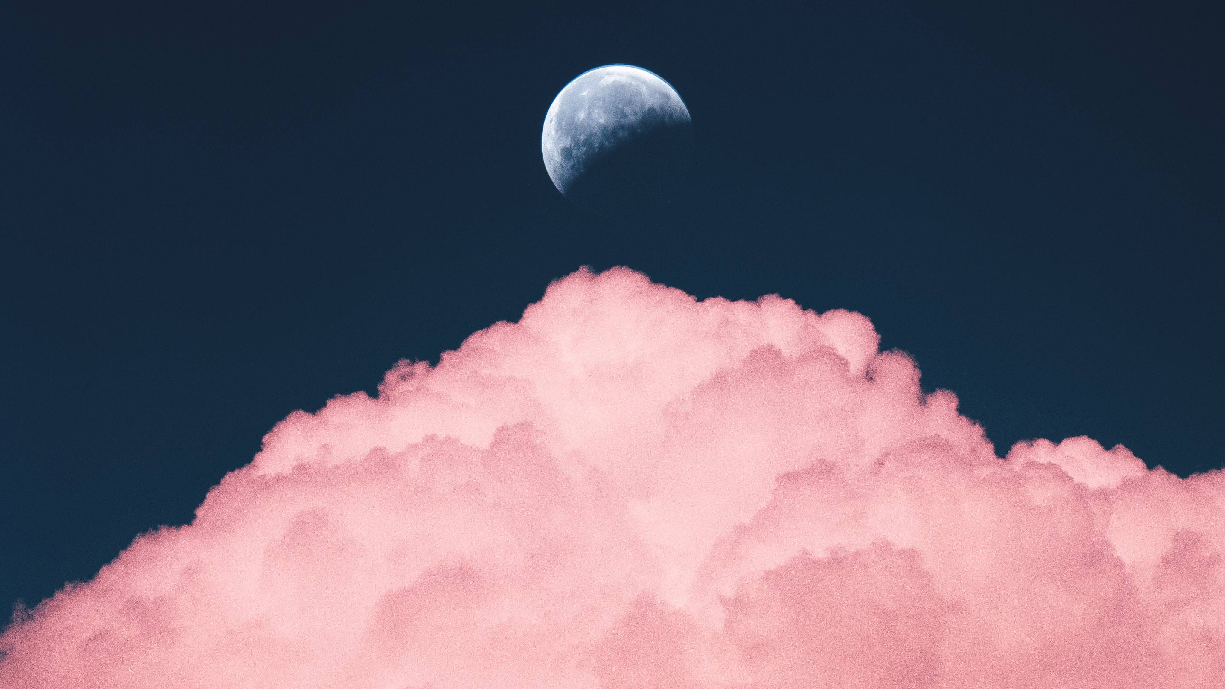 crescent moon, fluffy pink cloud, deep navy sky, 4K Desktop Wallpaper