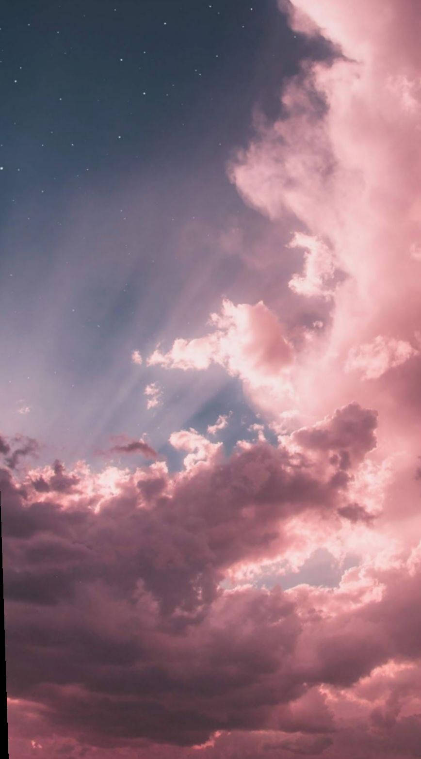 Pink Clouds, starry twilight sky, radiant sunbeams, HD Phone Wallpaper