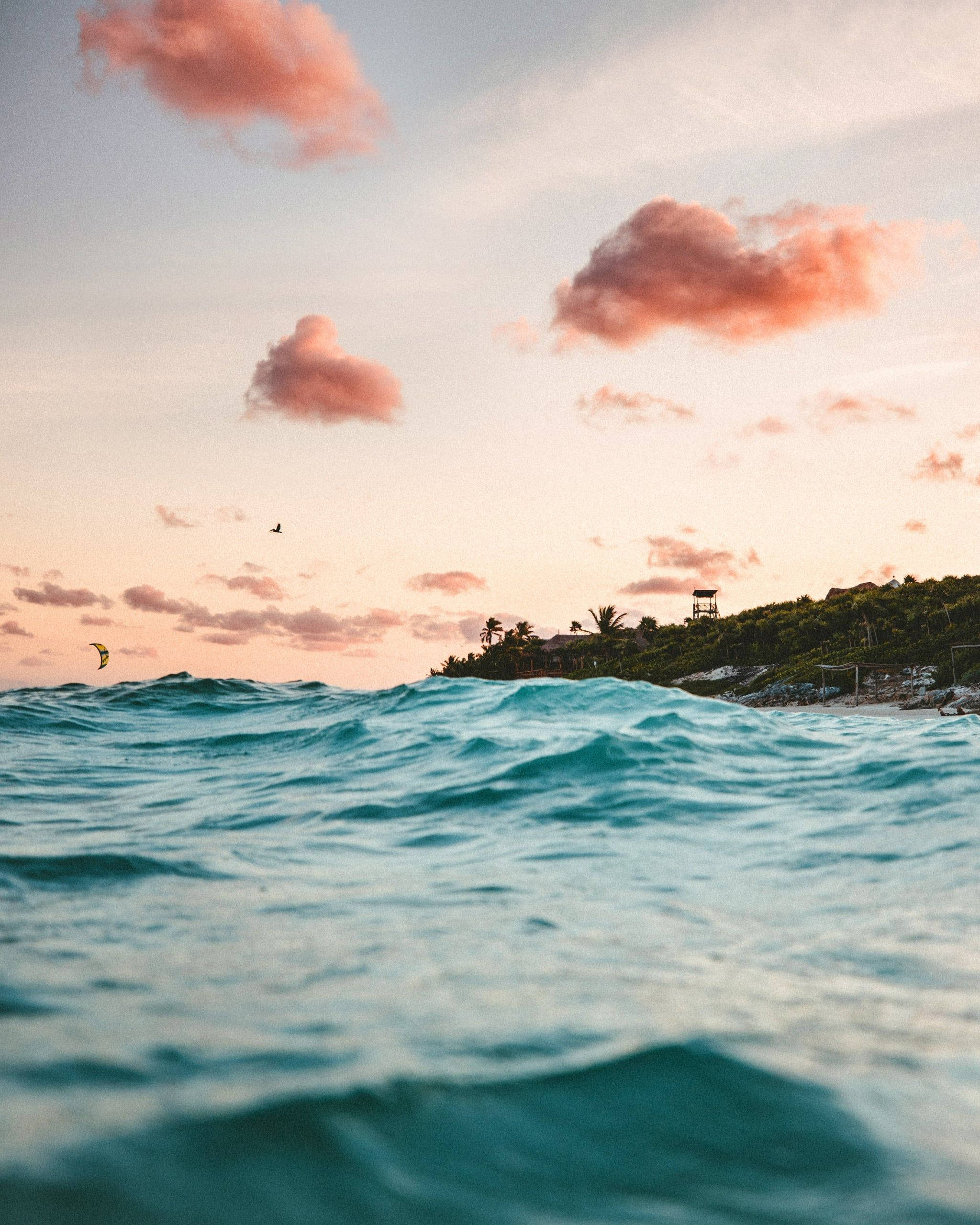 Pink Clouds, sunset, ocean waves, 2K Phone Wallpaper