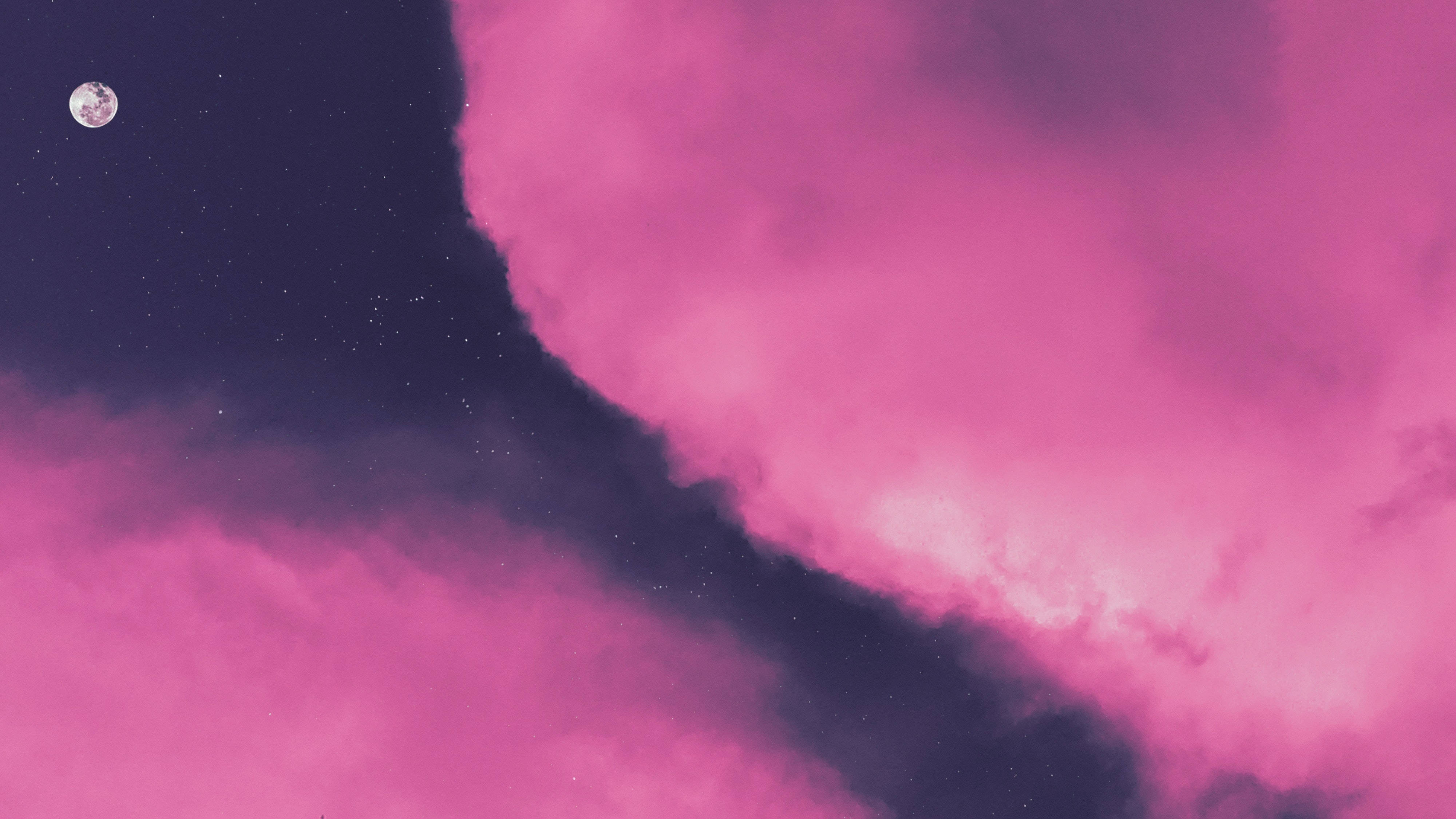 Pink Clouds, sunset, starry night sky, 4K Desktop Wallpaper