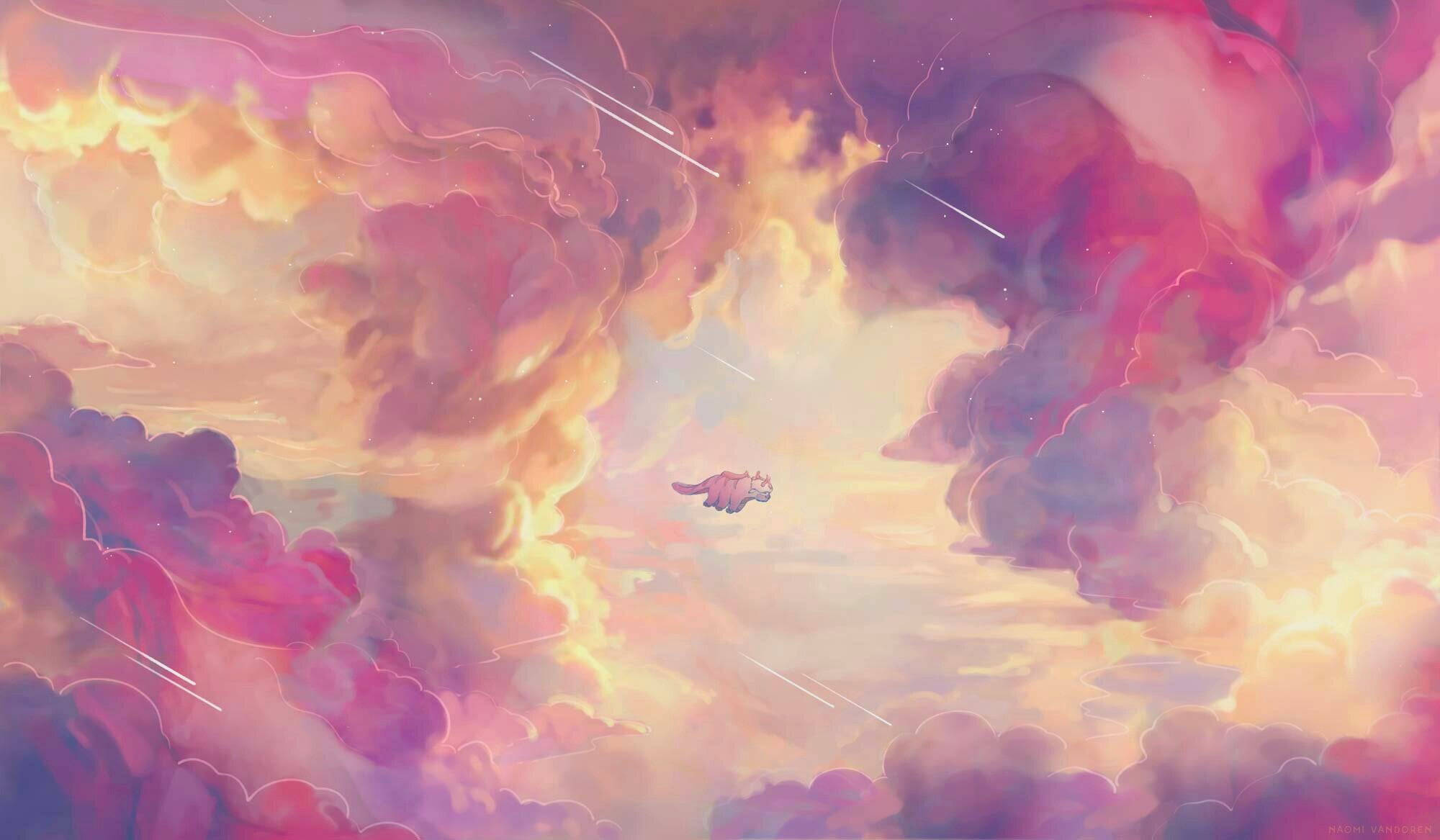 pink sky, swirling pink purple and gold clouds, comet trails, Full HD Desktop Wallpaper
