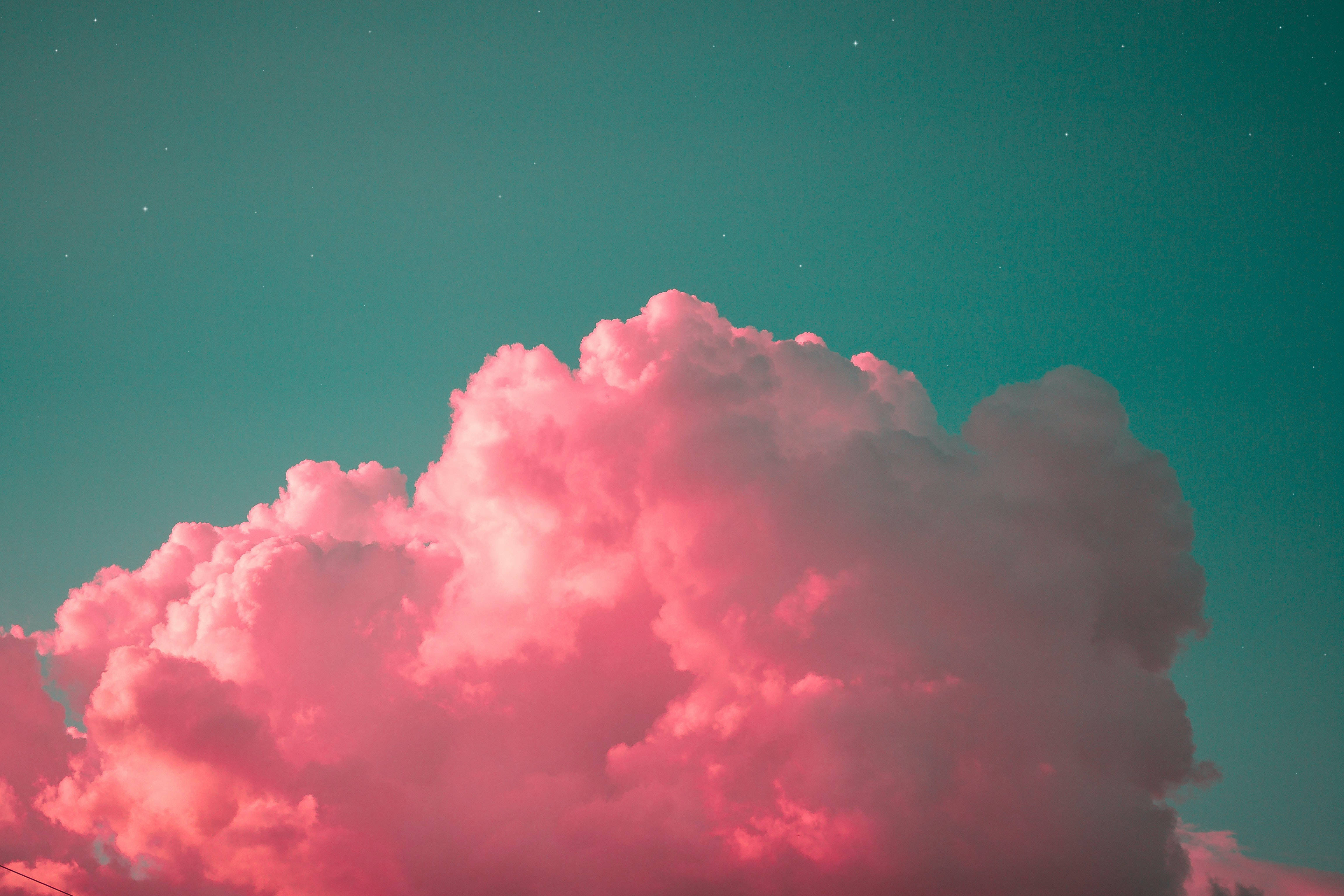 pink clouds, teal sky, stars, 4K Desktop Wallpaper