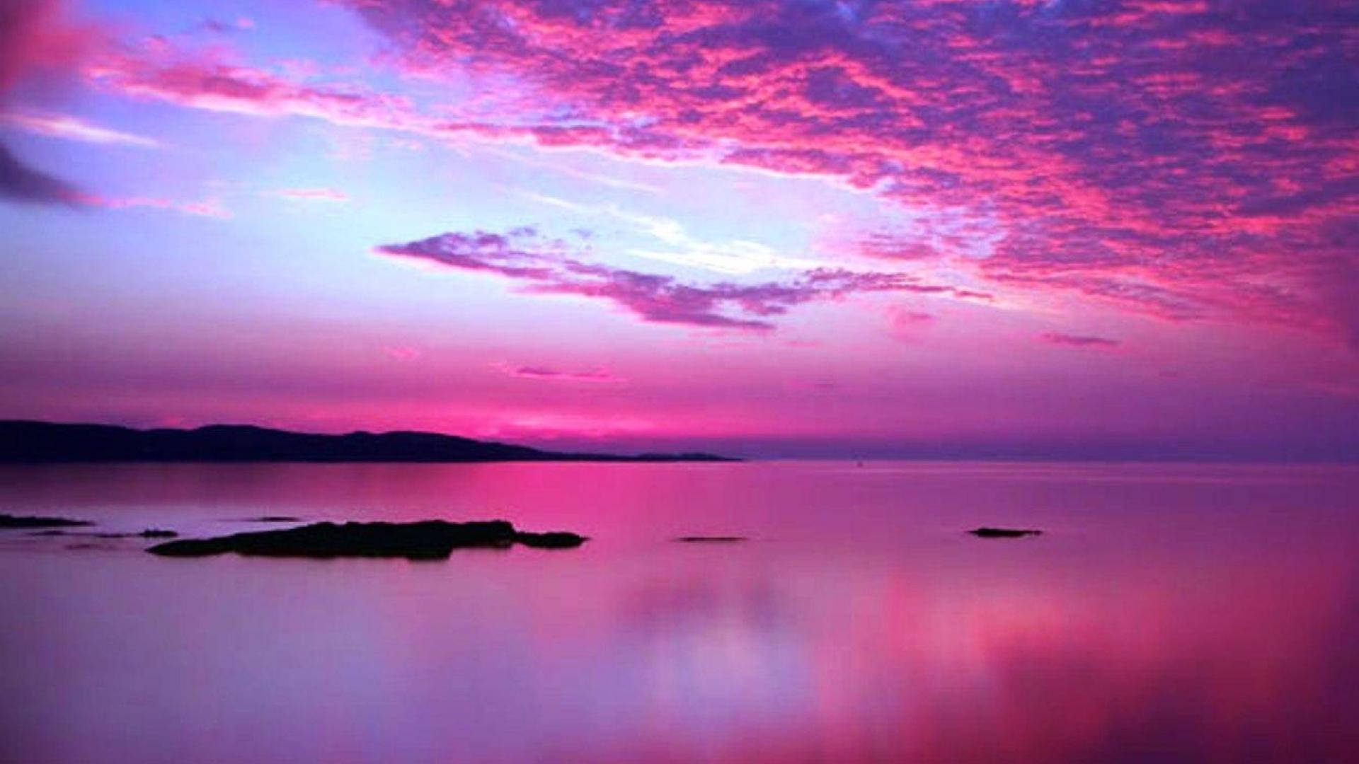 Ocean Sunset Pink Cloud, pink and purple sunset sky, serene lake, Full HD Desktop Wallpaper