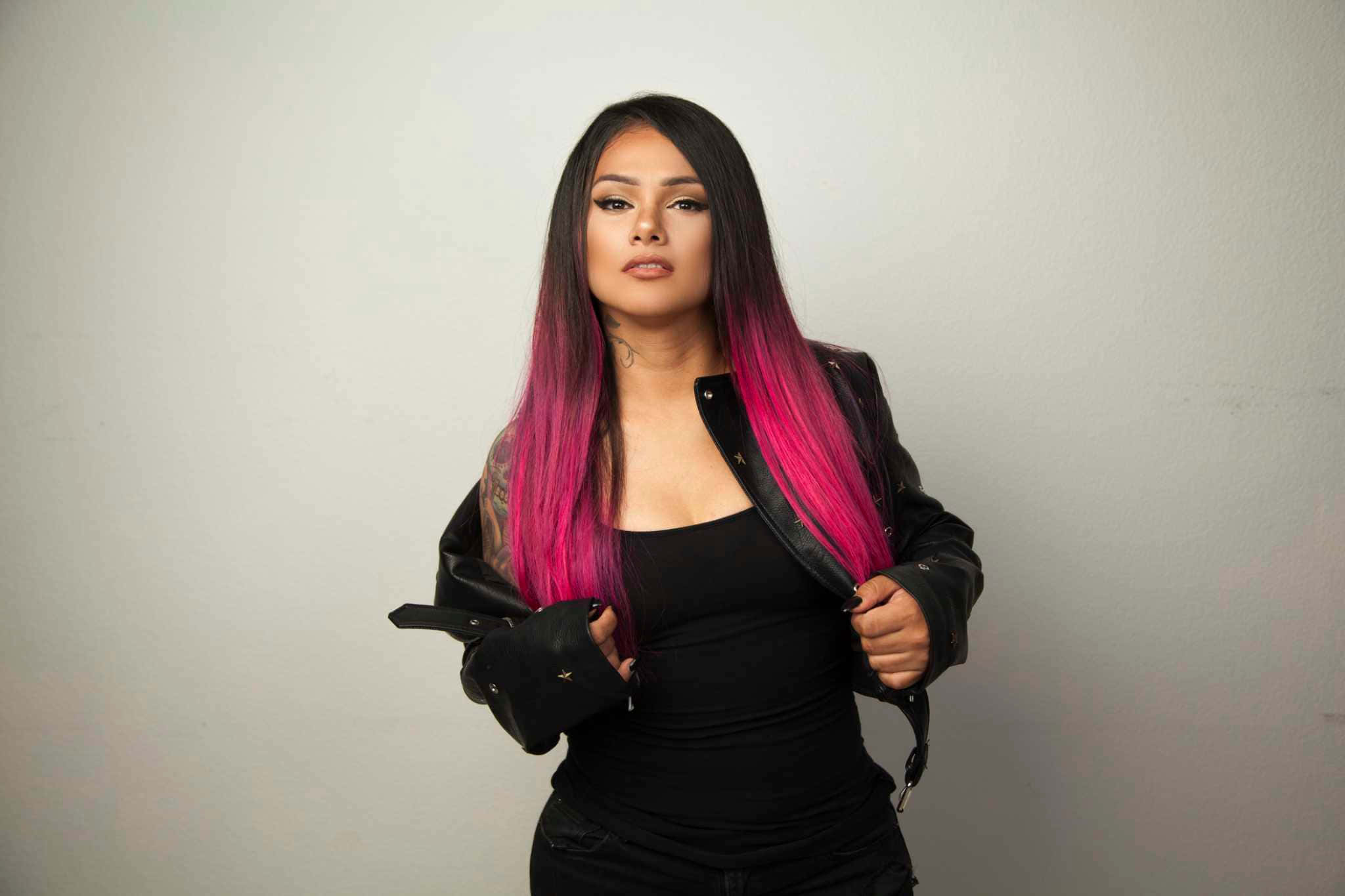 pink haired artist, black leather jacket, long black and pink hair, Full HD Desktop Wallpaper