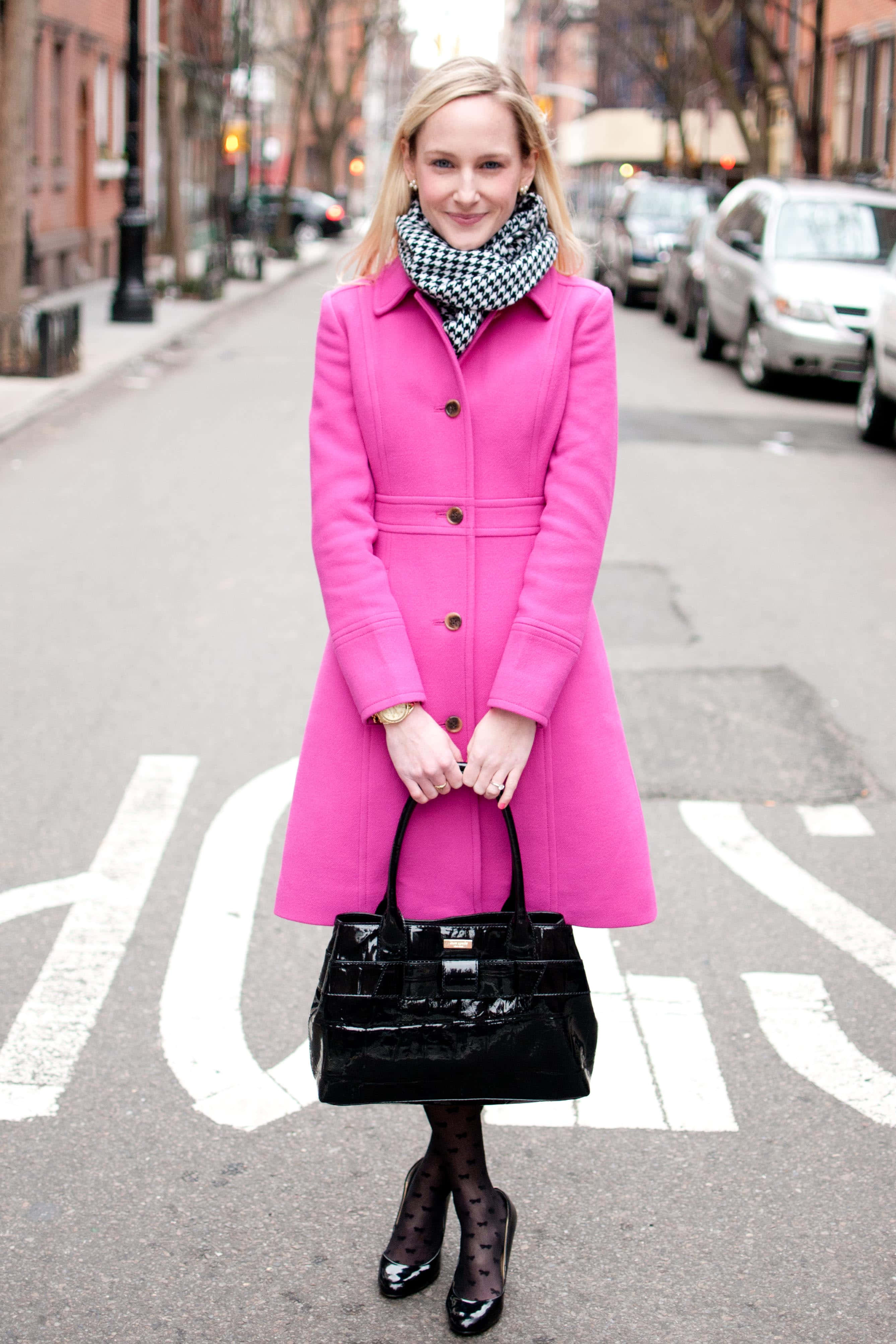 vibrant pink coat, black patterned scarf, glossy black handbag, 4K Phone Wallpaper