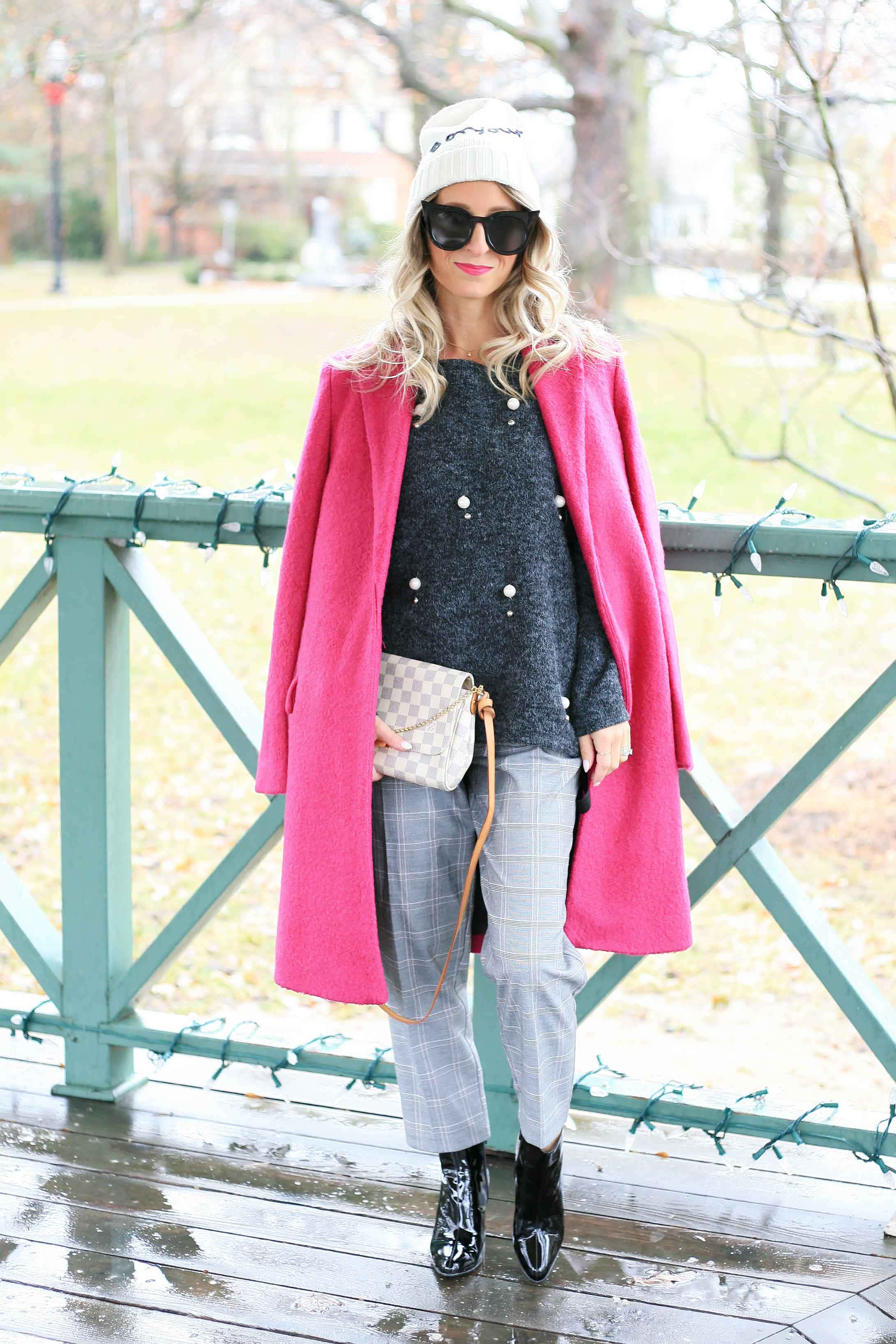 pink coat, vibrant pink coat, plaid pants, 2K Phone Wallpaper