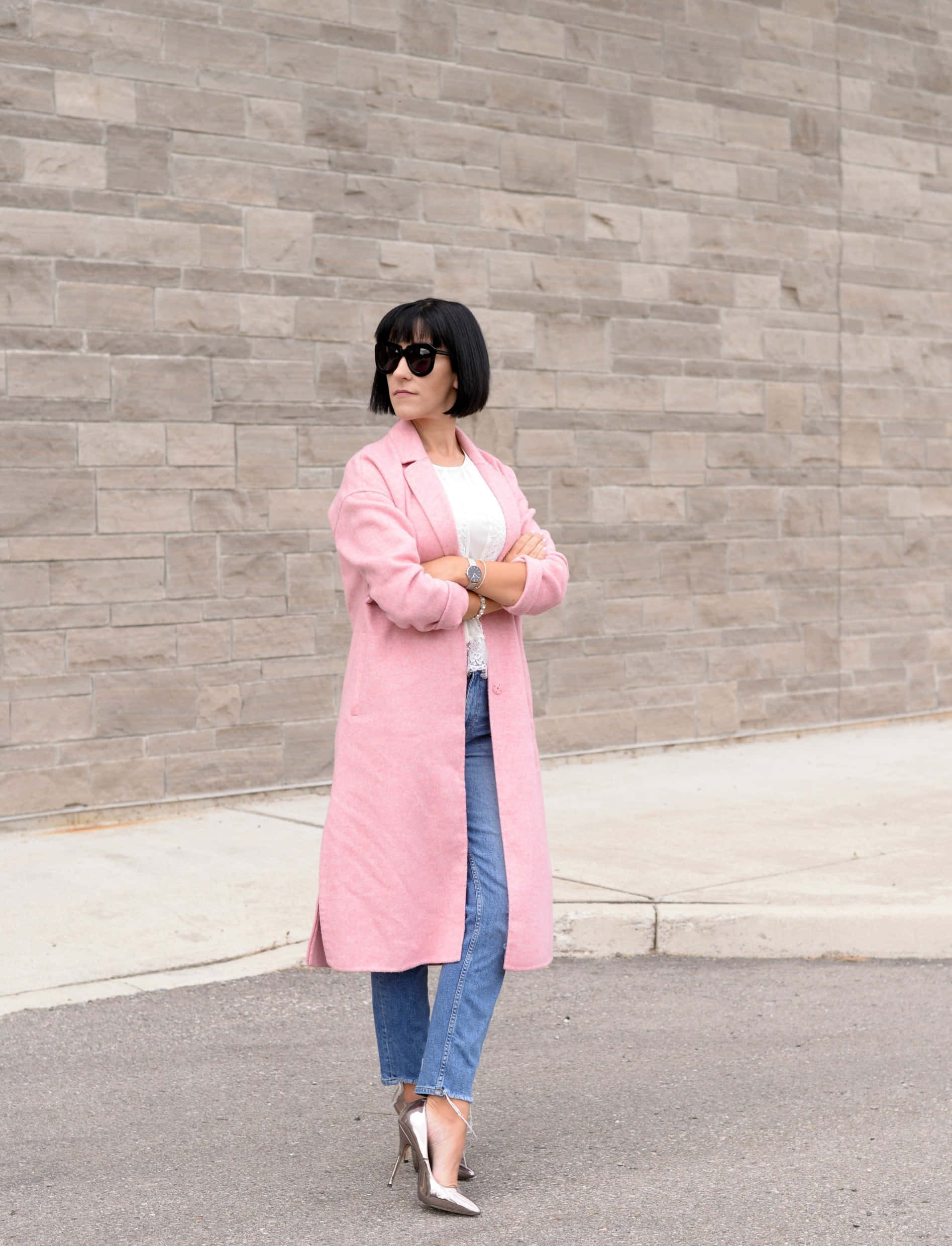 Pink Coat, sunglasses, textured brick wall, Full HD Phone Wallpaper