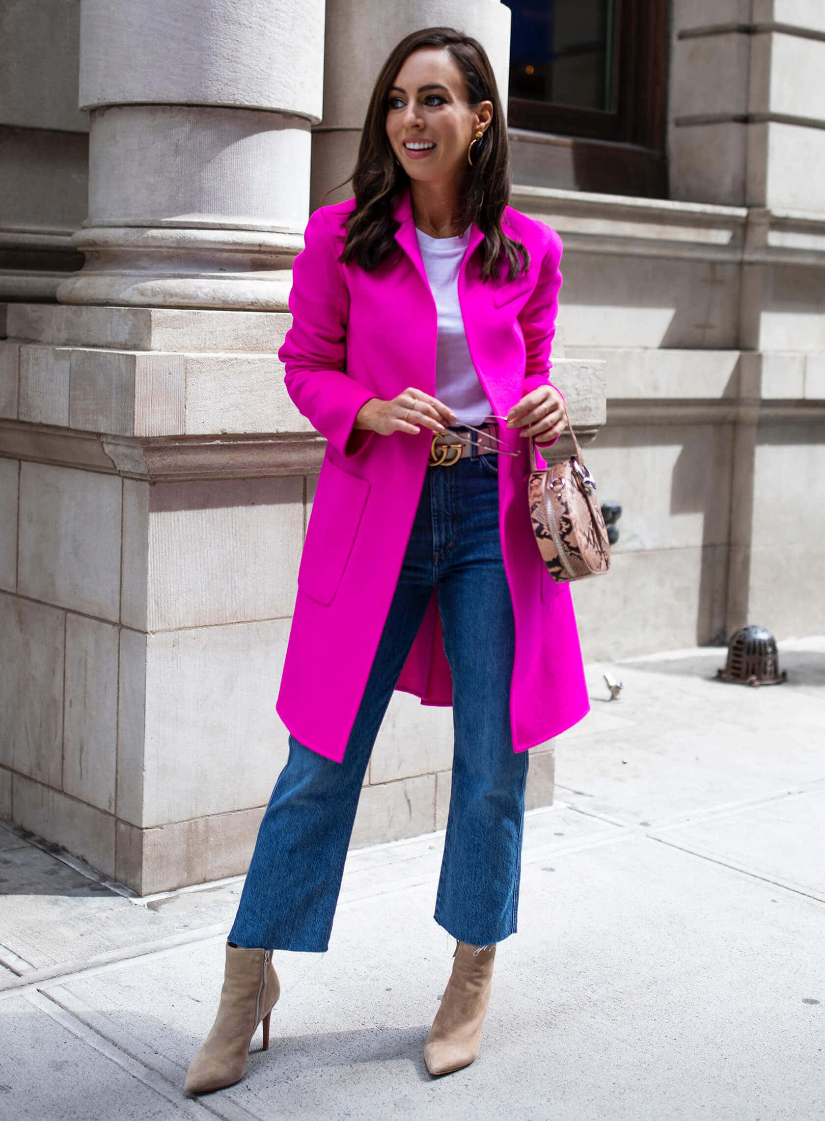 pink coat, blue jeans, city sidewalk, Full HD Phone Wallpaper