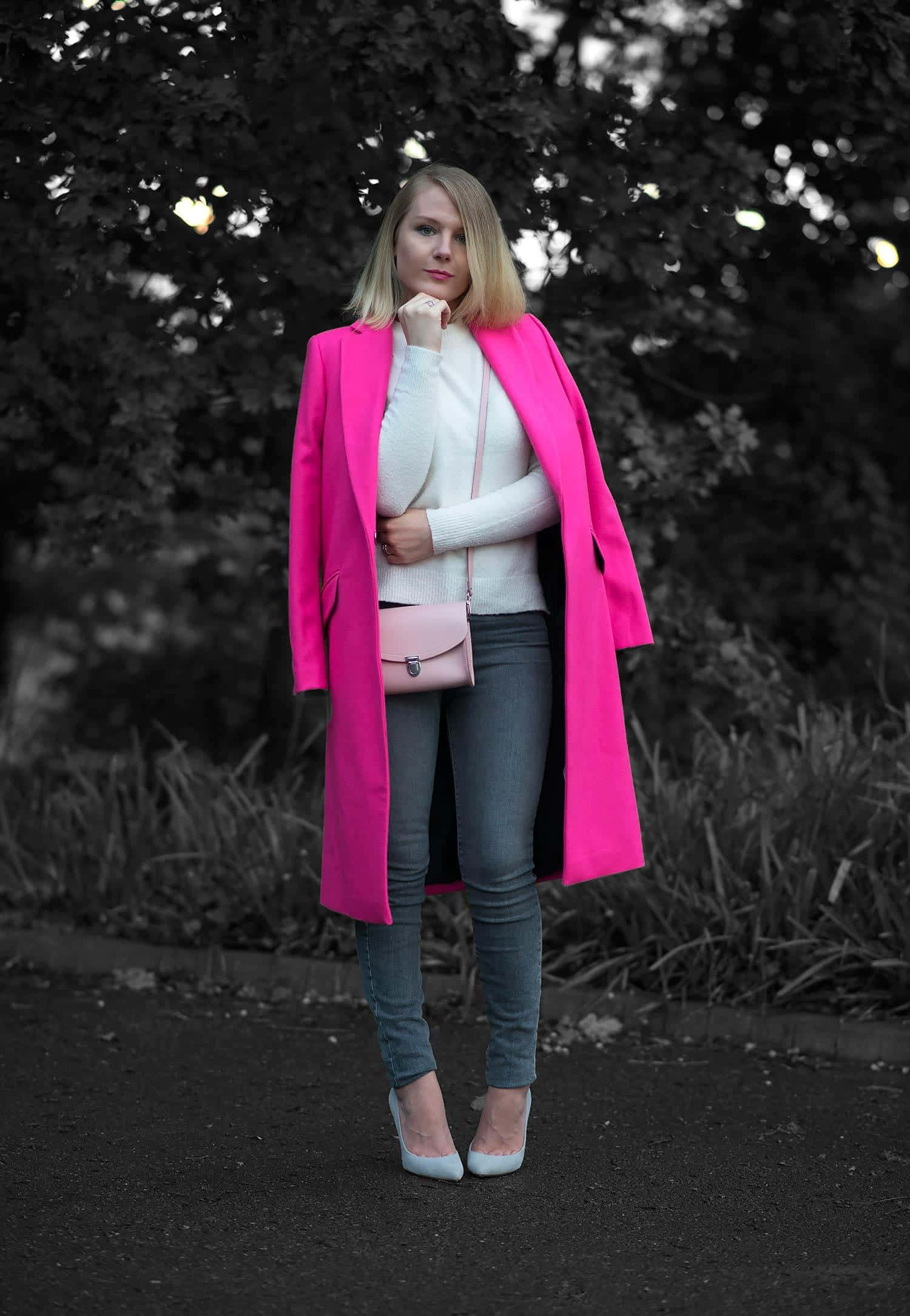 pink coat, vibrant pink coat, woman, Full HD Phone Wallpaper