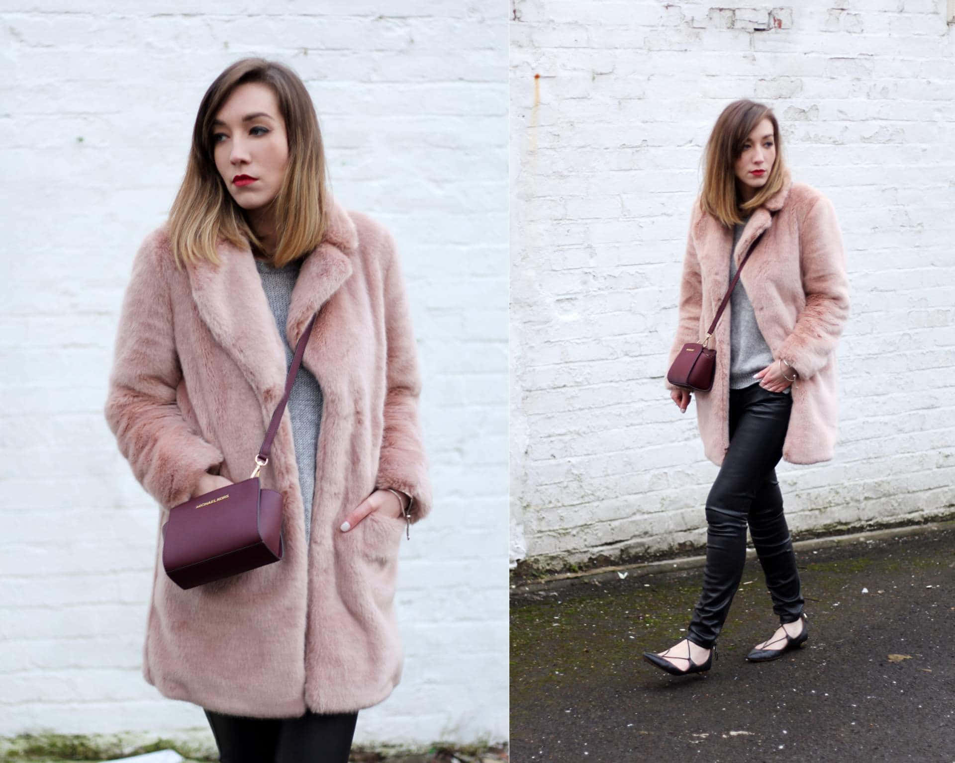 fluffy pink coat, black pants, white brick wall, Full HD Desktop Wallpaper