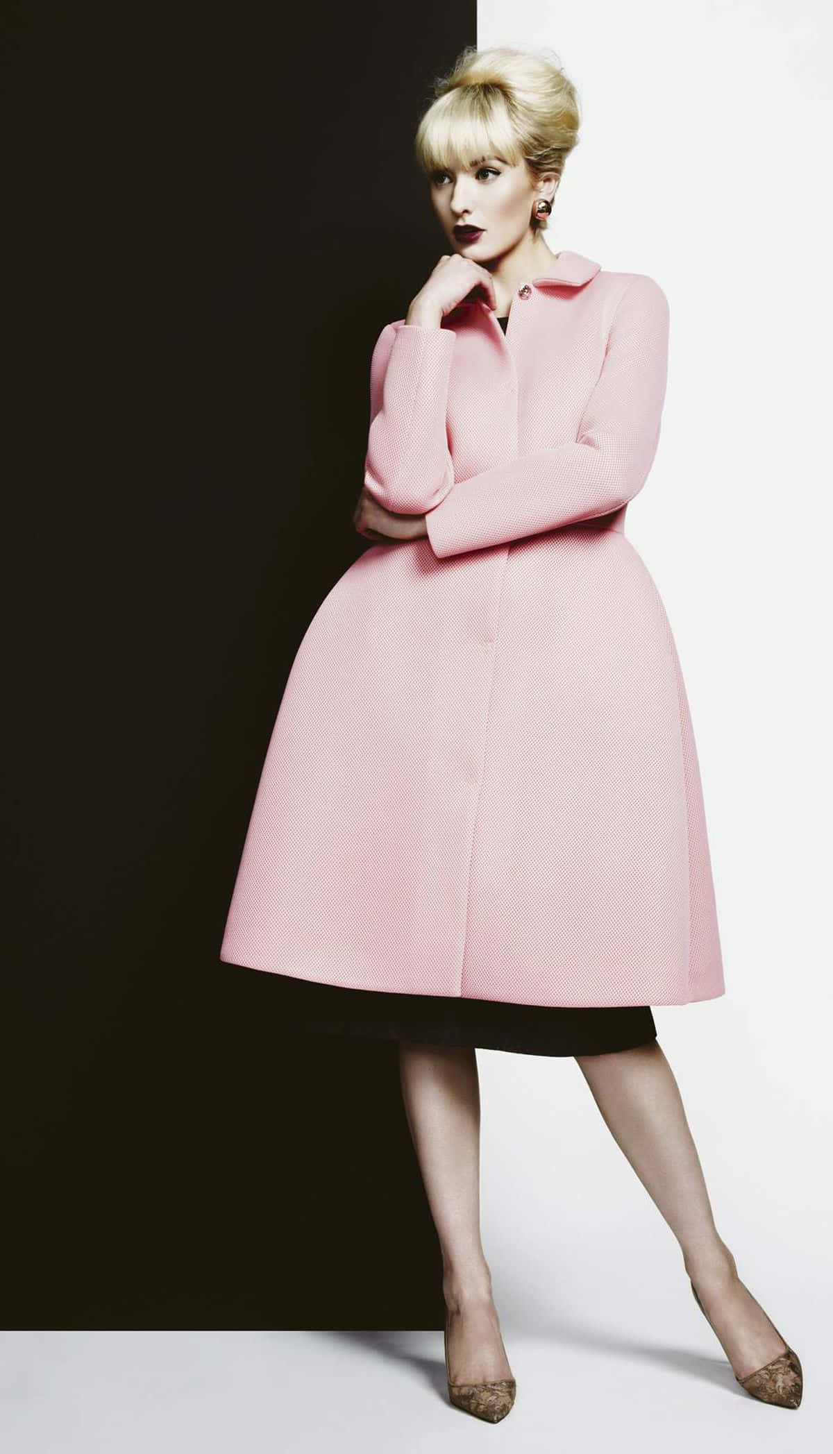 pink coat, blonde woman, vintage pink coat, Full HD Phone Wallpaper
