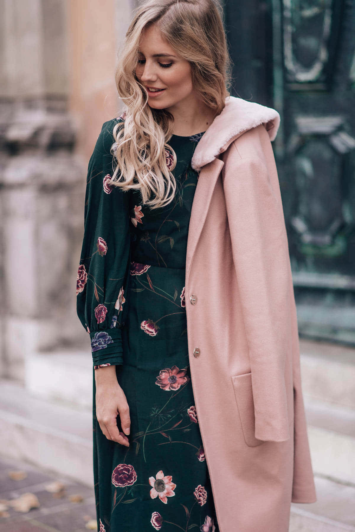 pink coat, floral green dress, fur collar, HD Phone Wallpaper