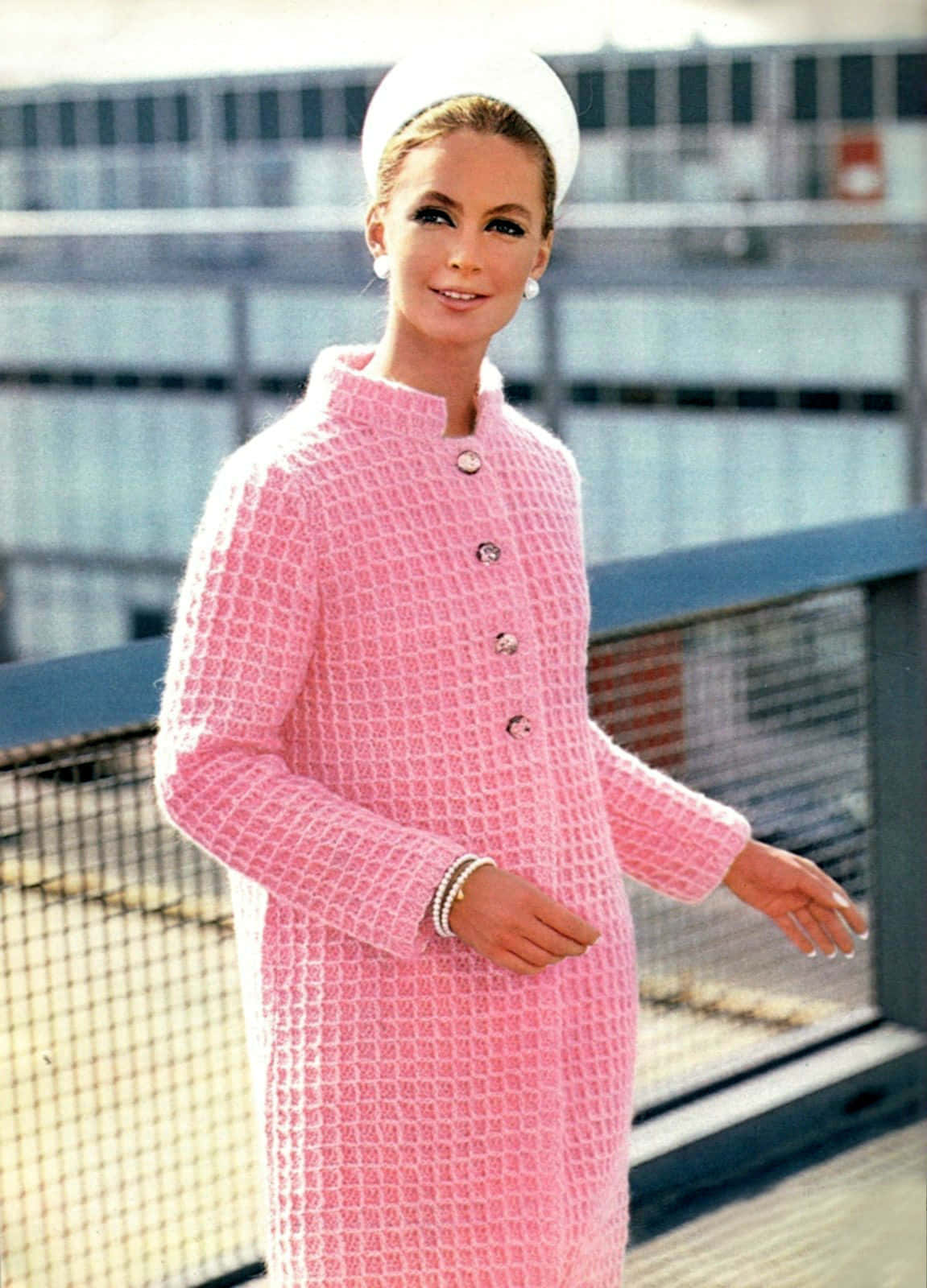 pink textured coat, white hat, modern balcony, HD Phone Wallpaper