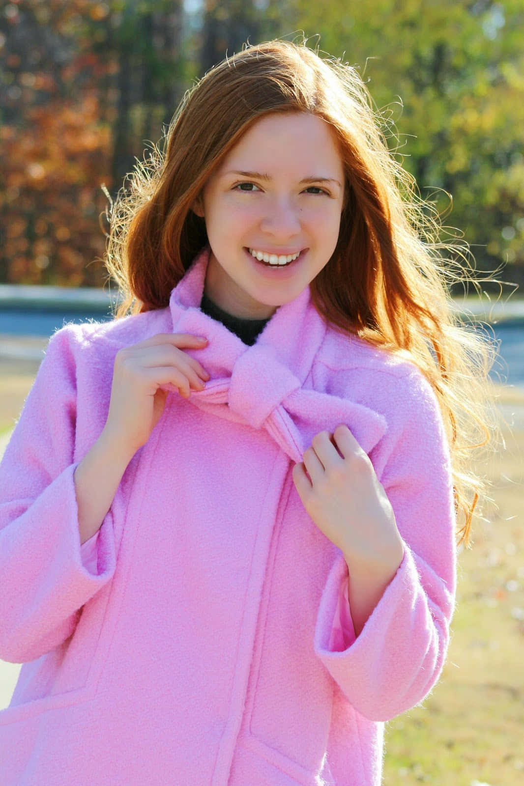bright pink coat, red hair, autumn, HD Phone Wallpaper