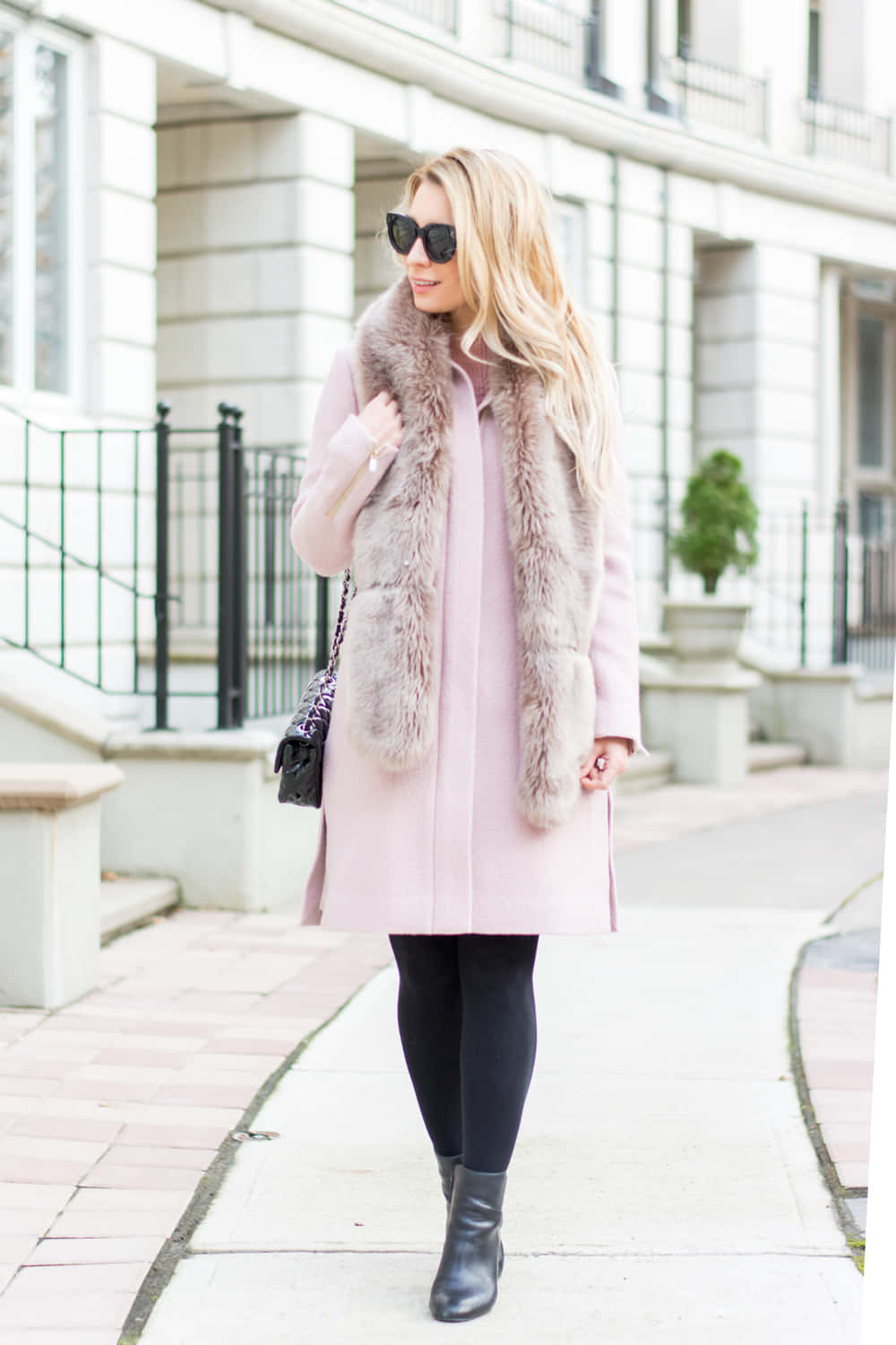 pink coat, blonde woman, fur vest, HD Phone Wallpaper