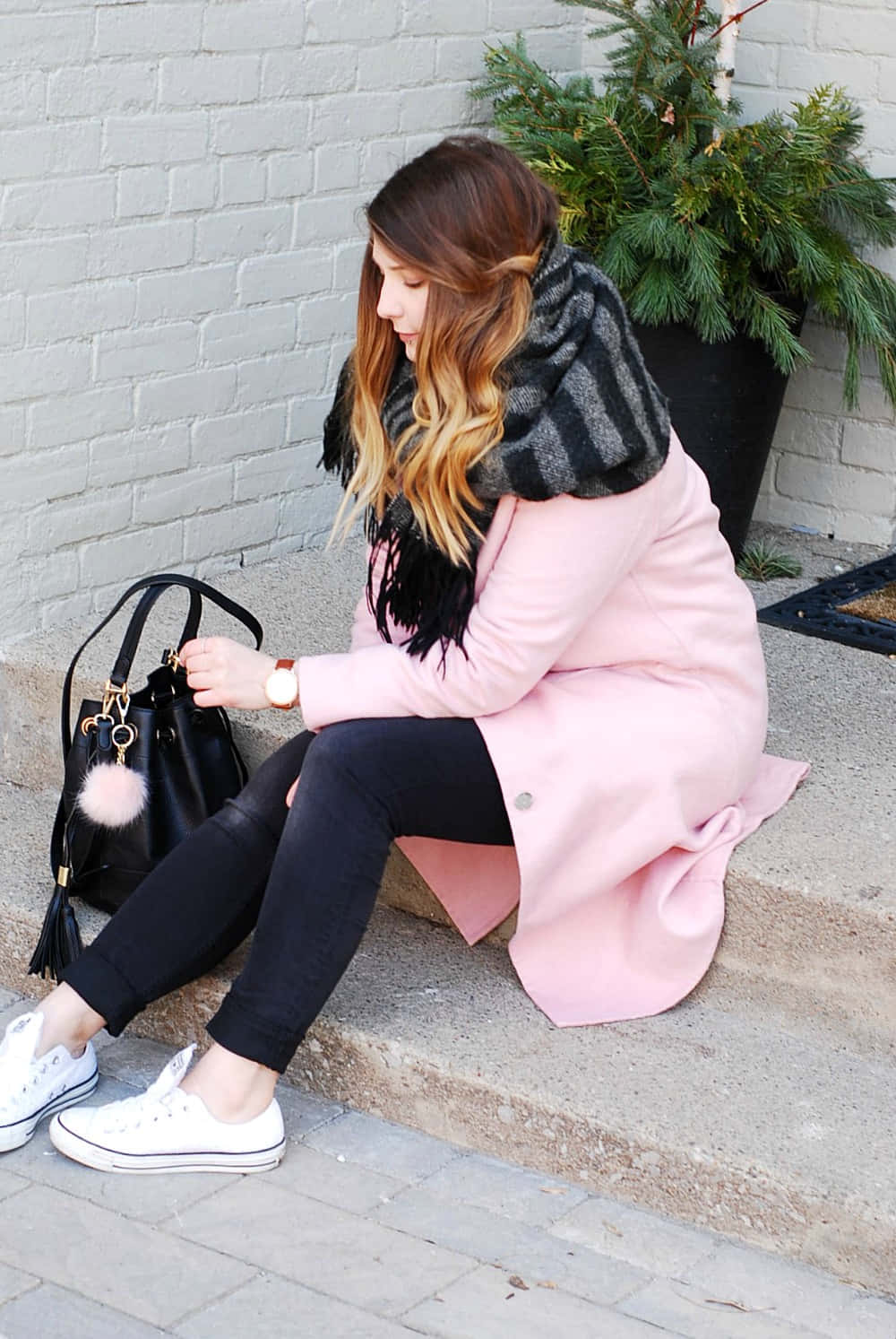 pink coat, black scarf, concrete steps, HD Phone Wallpaper
