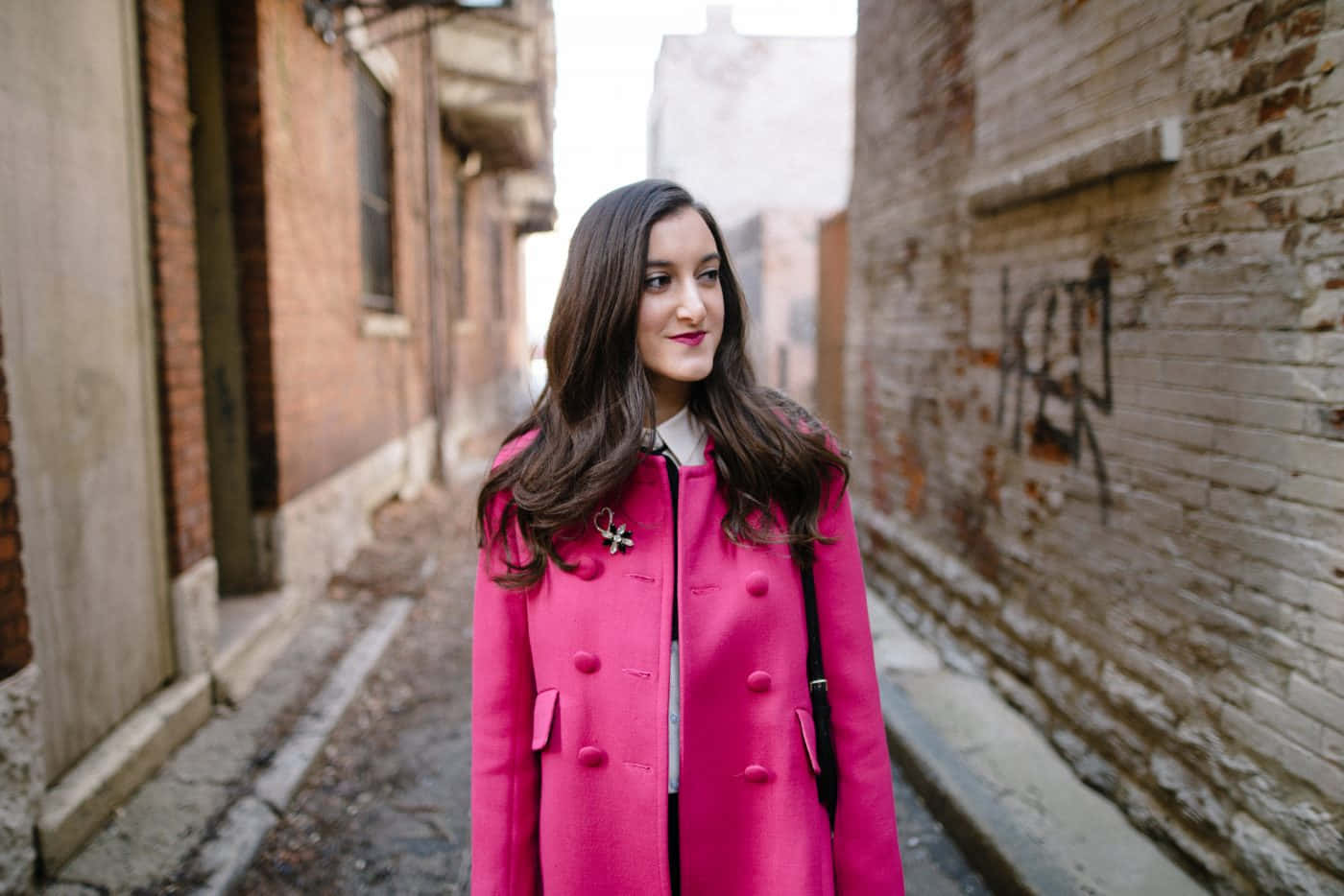 pink coat, vibrant pink coat, narrow brick alleyway, HD Desktop Wallpaper