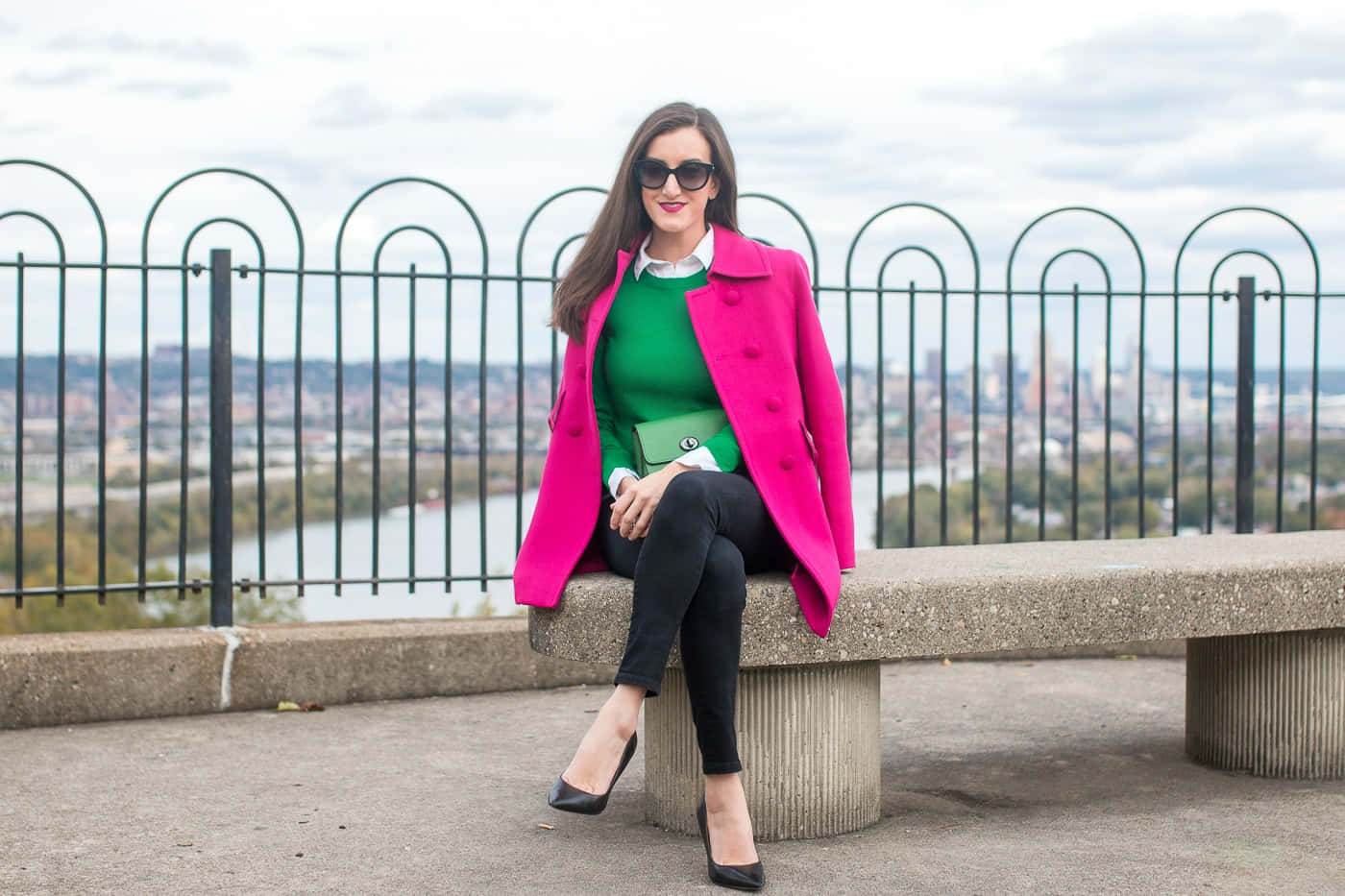 bright pink coat, green sweater, concrete bench, HD Desktop Wallpaper