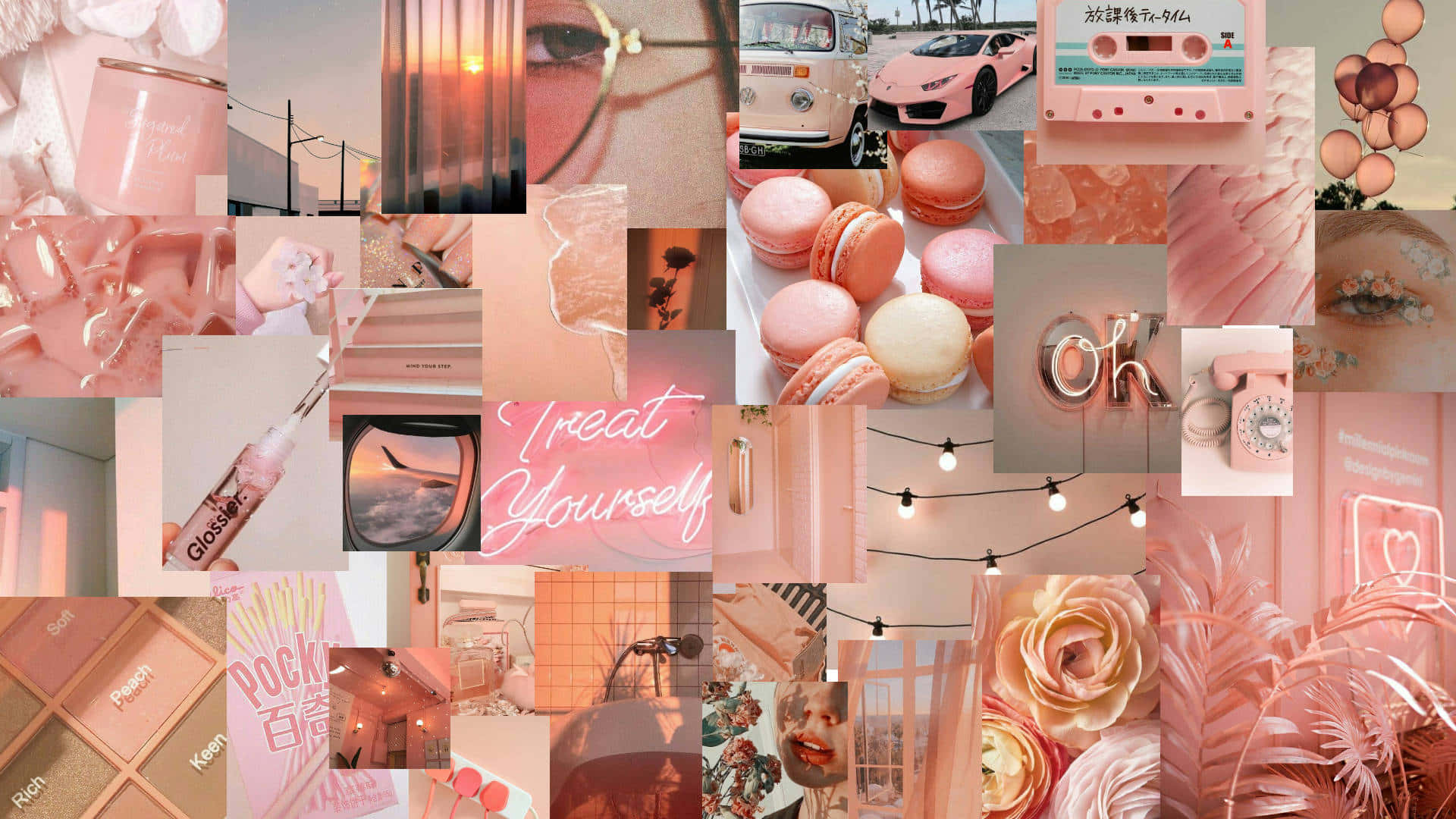 pink collage desktop, macarons, vintage cars, Full HD Desktop Wallpaper
