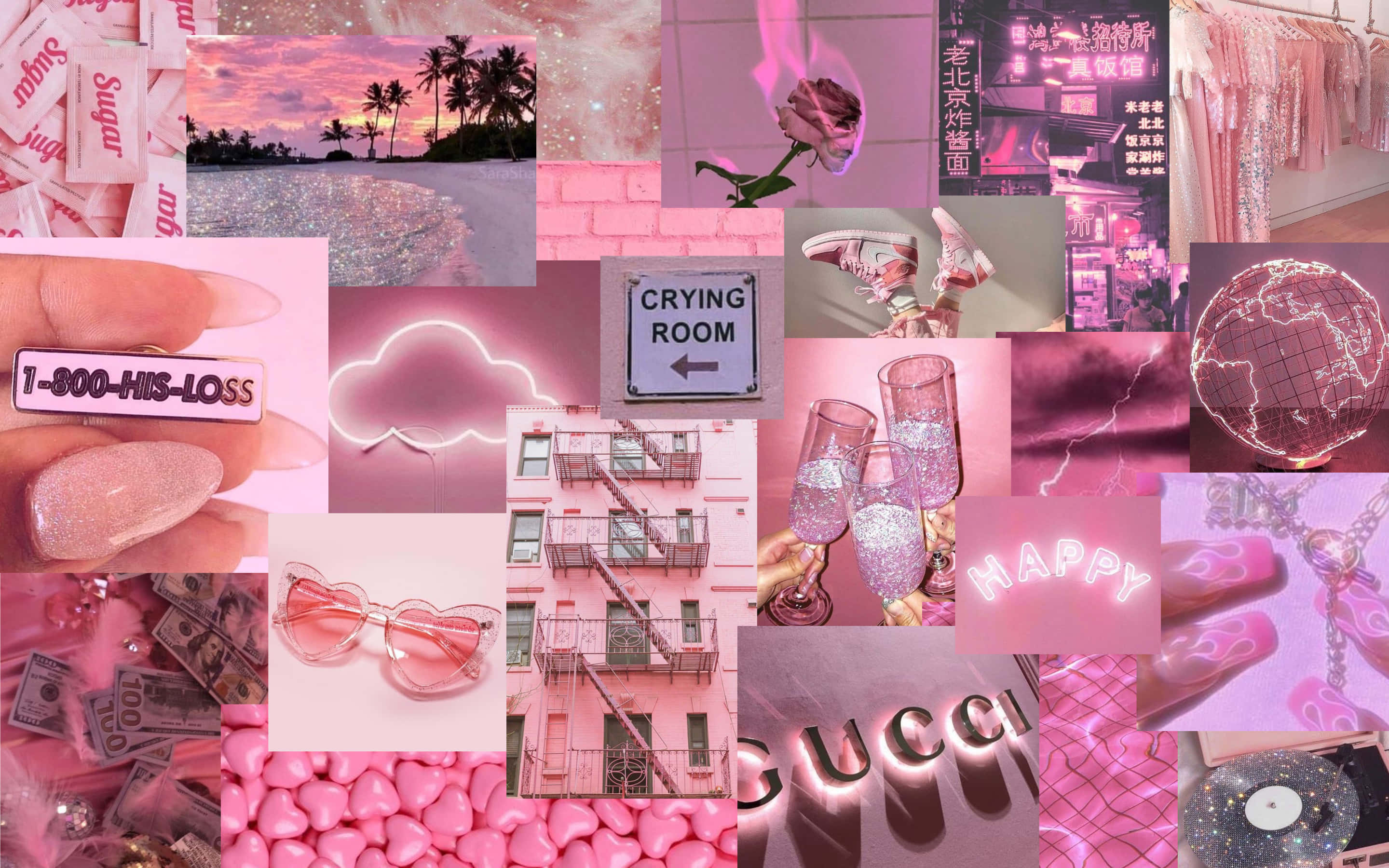 pink collage desktop, palm trees, champagne glitter nails, 2K Desktop Wallpaper