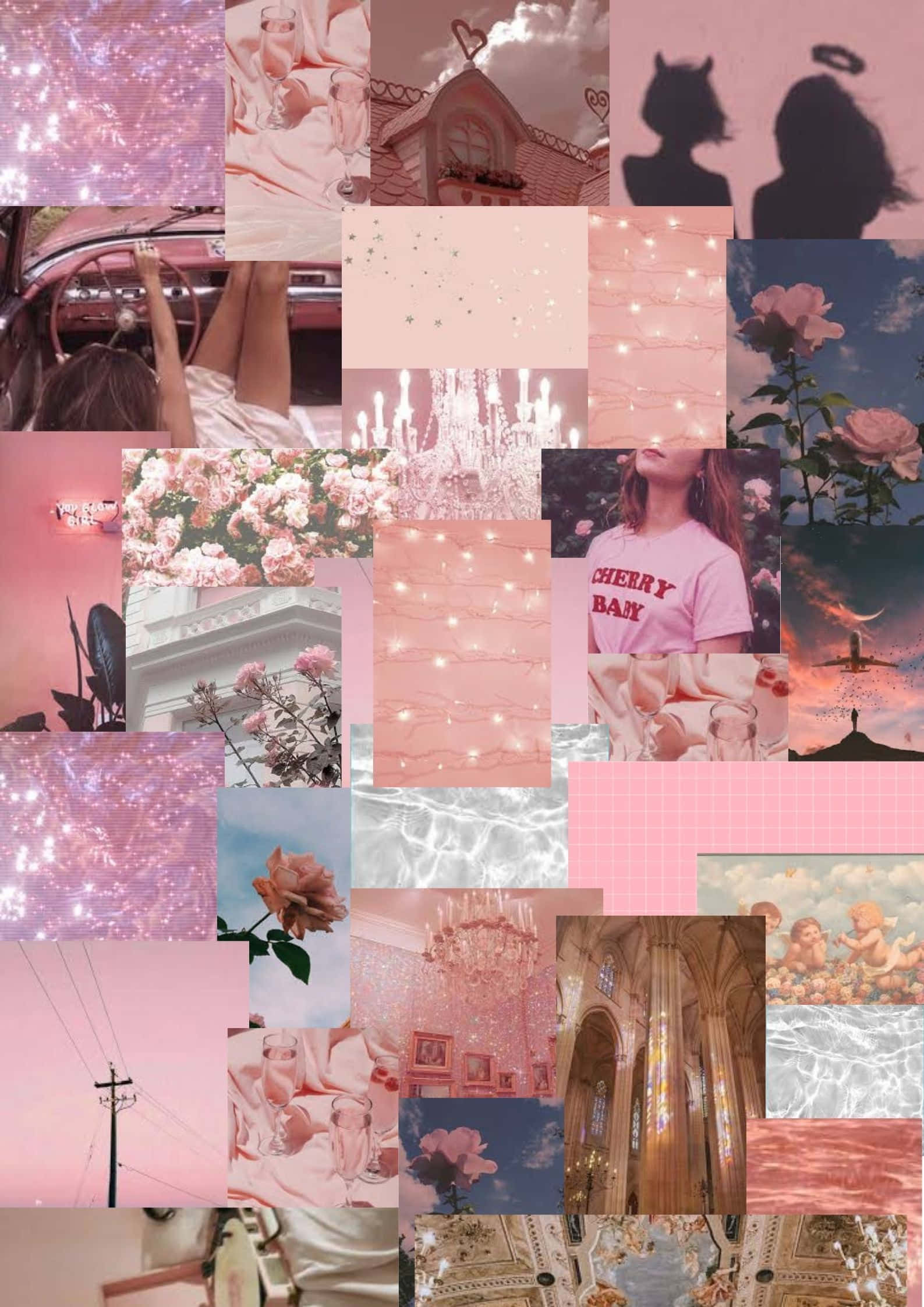 pink collage desktop, roses, chandeliers, Full HD Phone Wallpaper