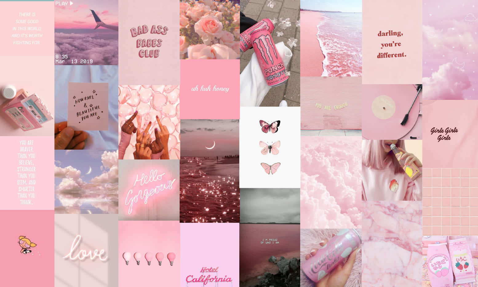 pink collage desktop, pink and white collage, butterflies, HD Desktop Wallpaper