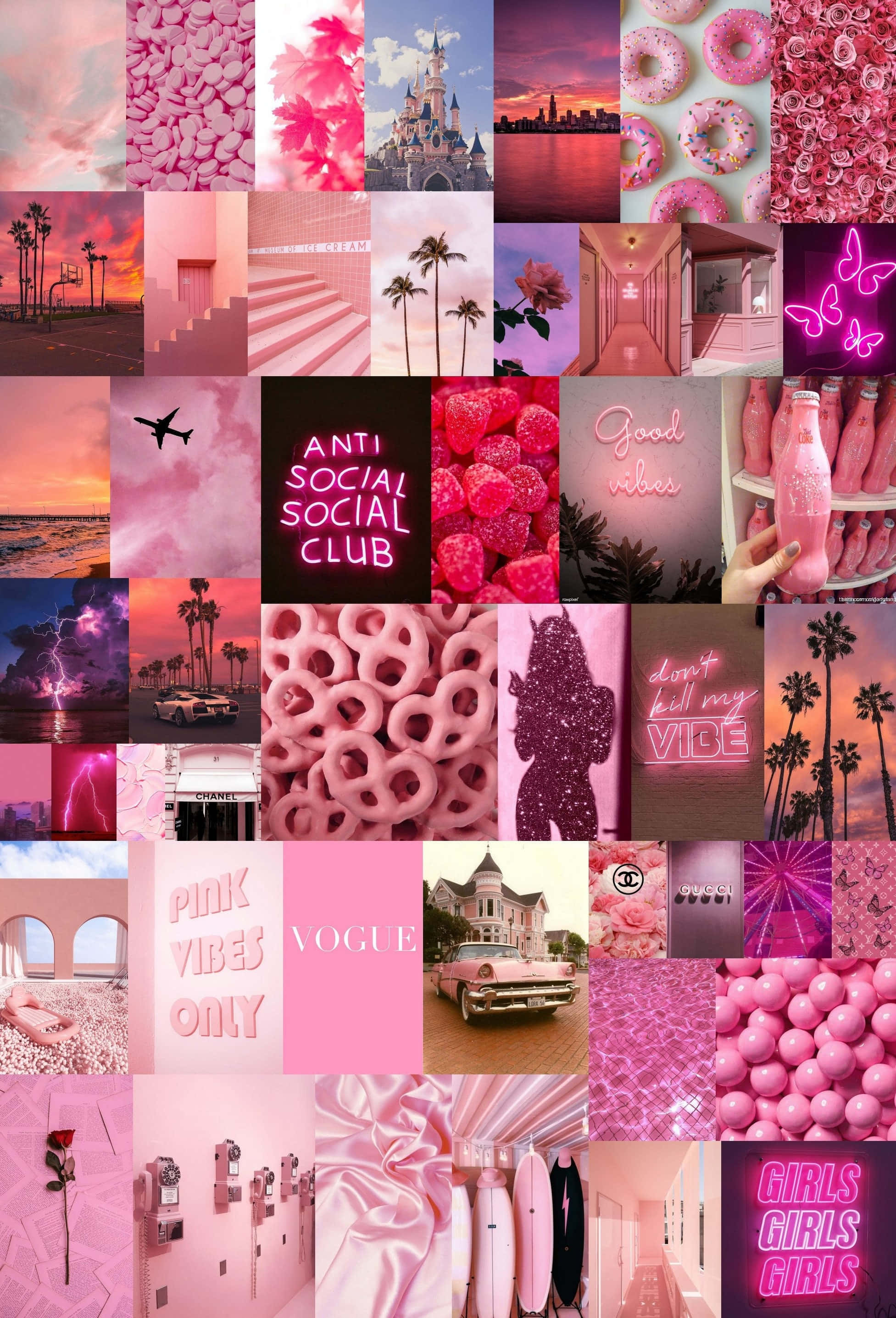 pink collage desktop, vibrant pink-themed collage, donuts, 2K Phone Wallpaper