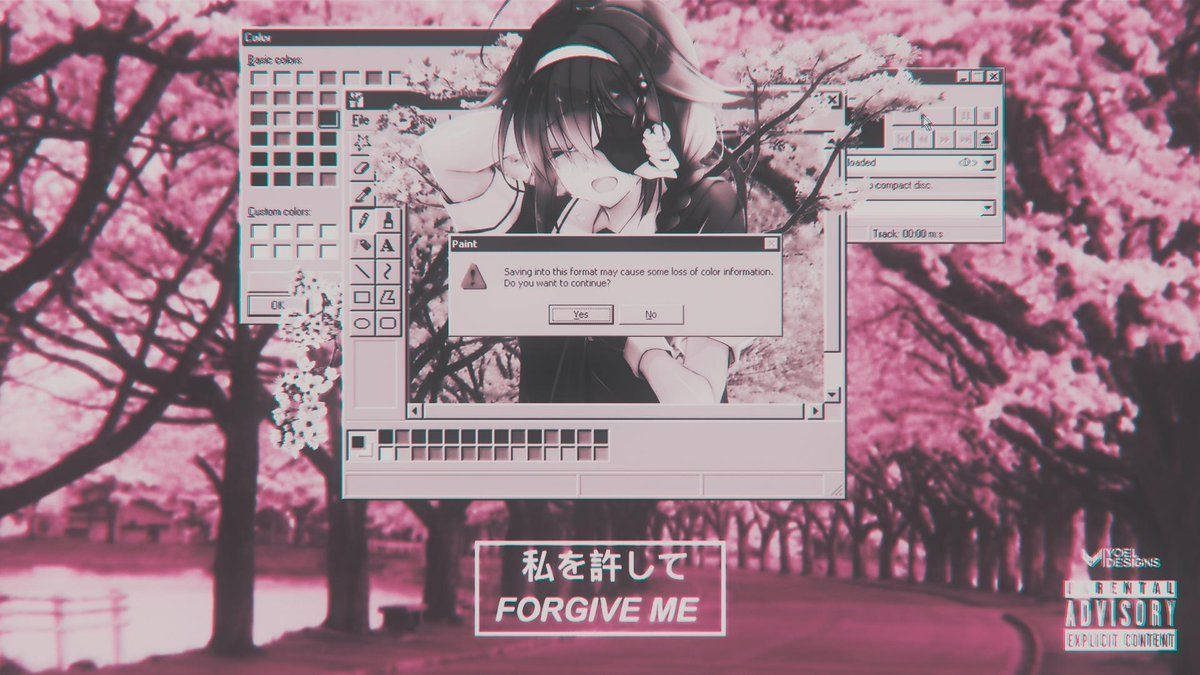 80s anime aesthetic, pink-tinted anime girl, photo editor window, SD Desktop Wallpaper