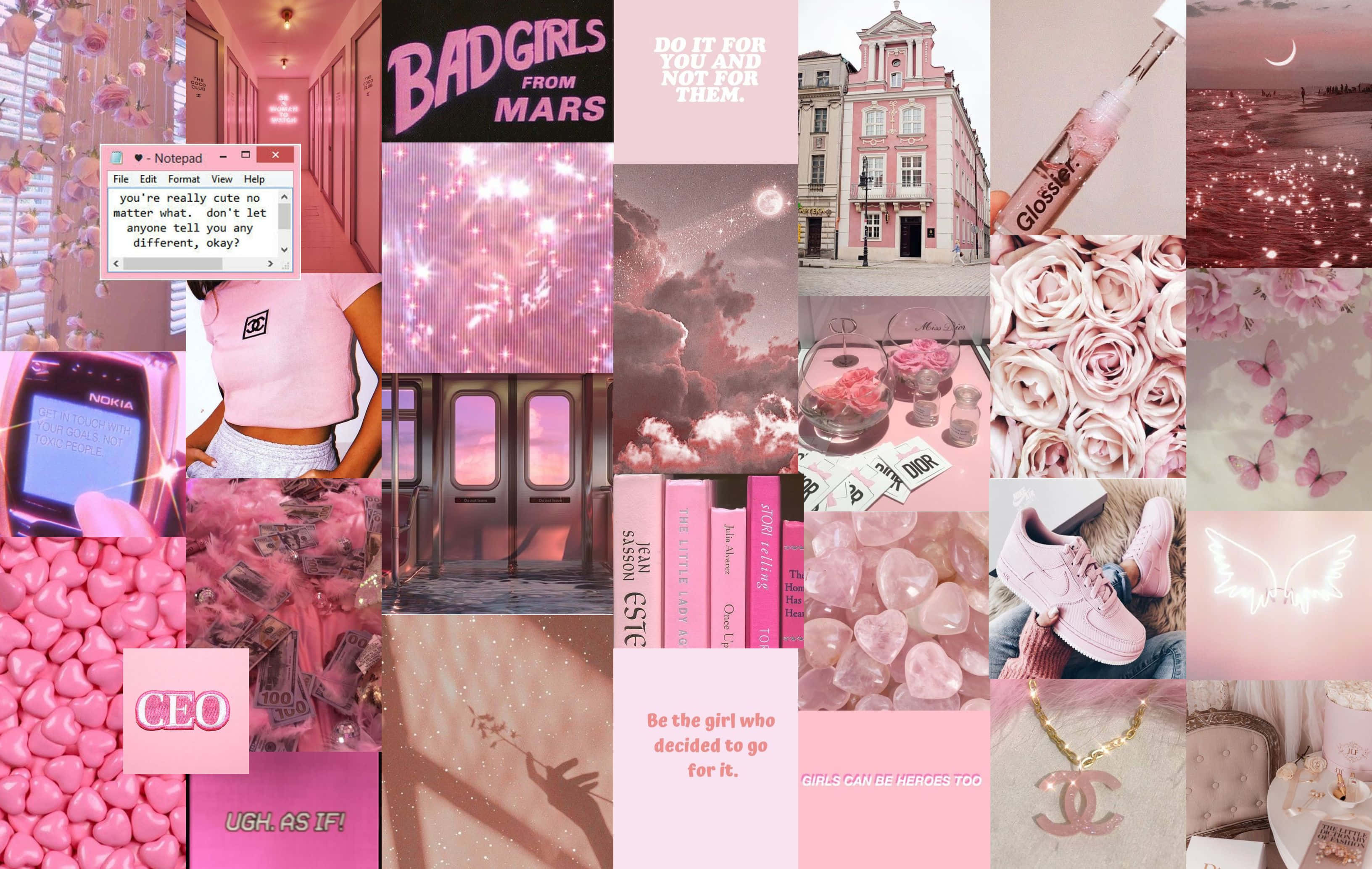 Pink Collage Desktop, roses, butterflies, 2K Desktop Wallpaper