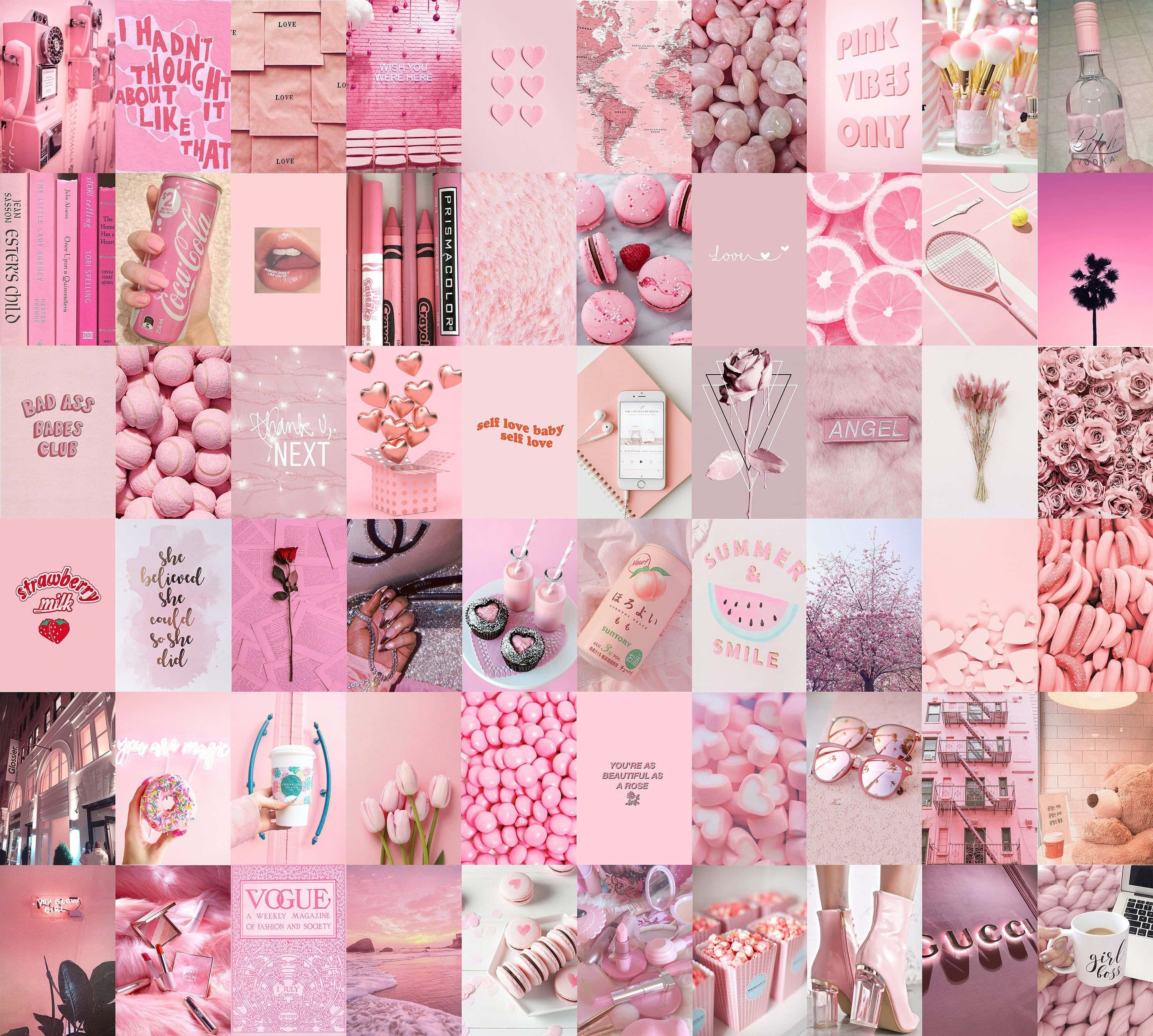 pink collage desktop, macarons, roses, 2K Desktop Wallpaper