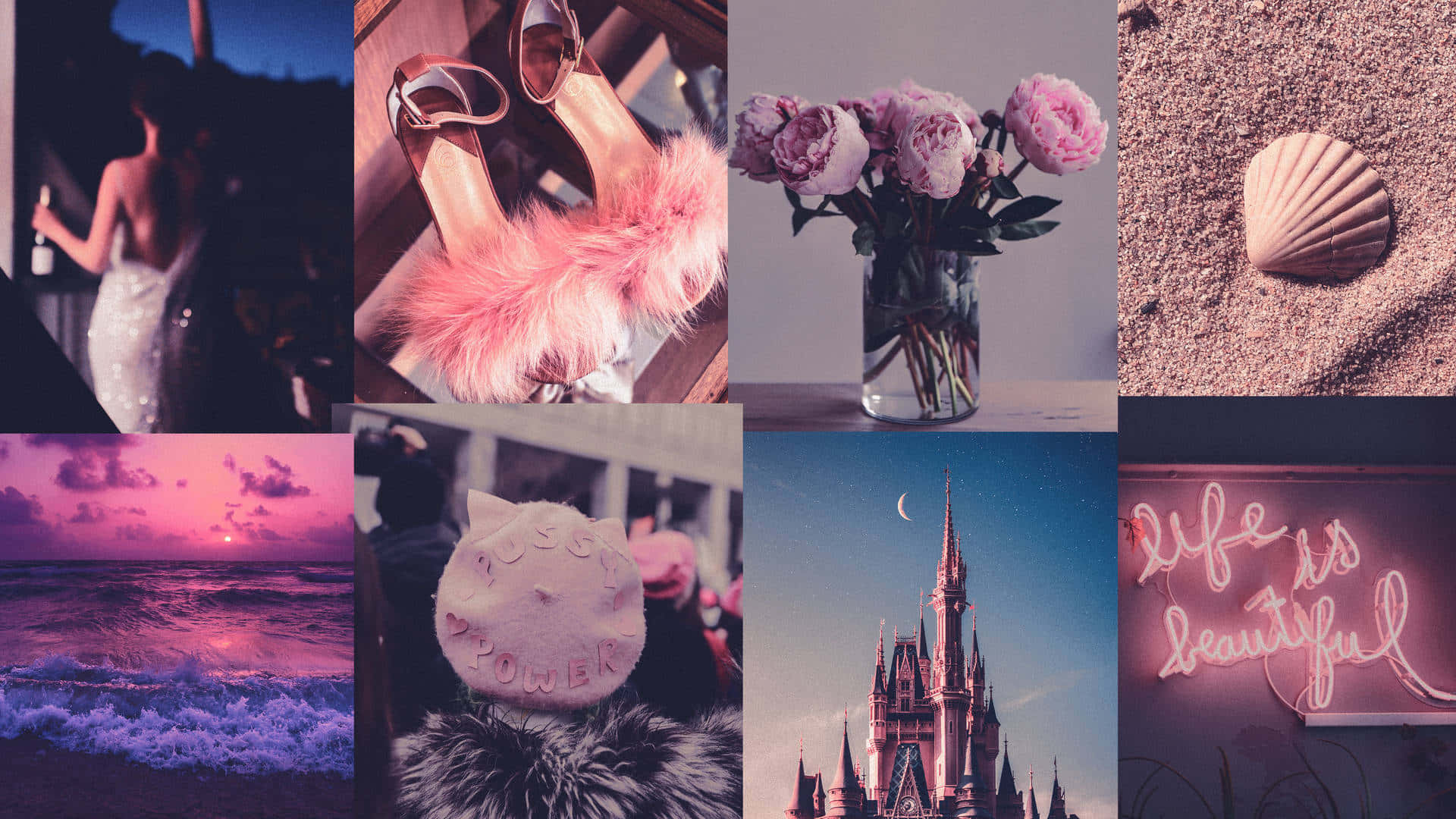 Pink Collage Desktop, sunset, pink-toned, Full HD Desktop Wallpaper