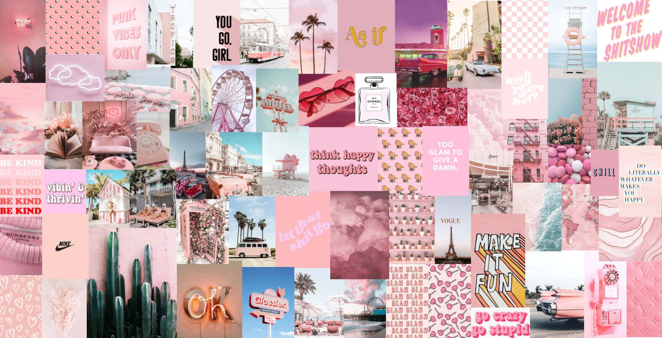 pink collage desktop, vibrant pink, palm trees, Full HD Desktop Wallpaper