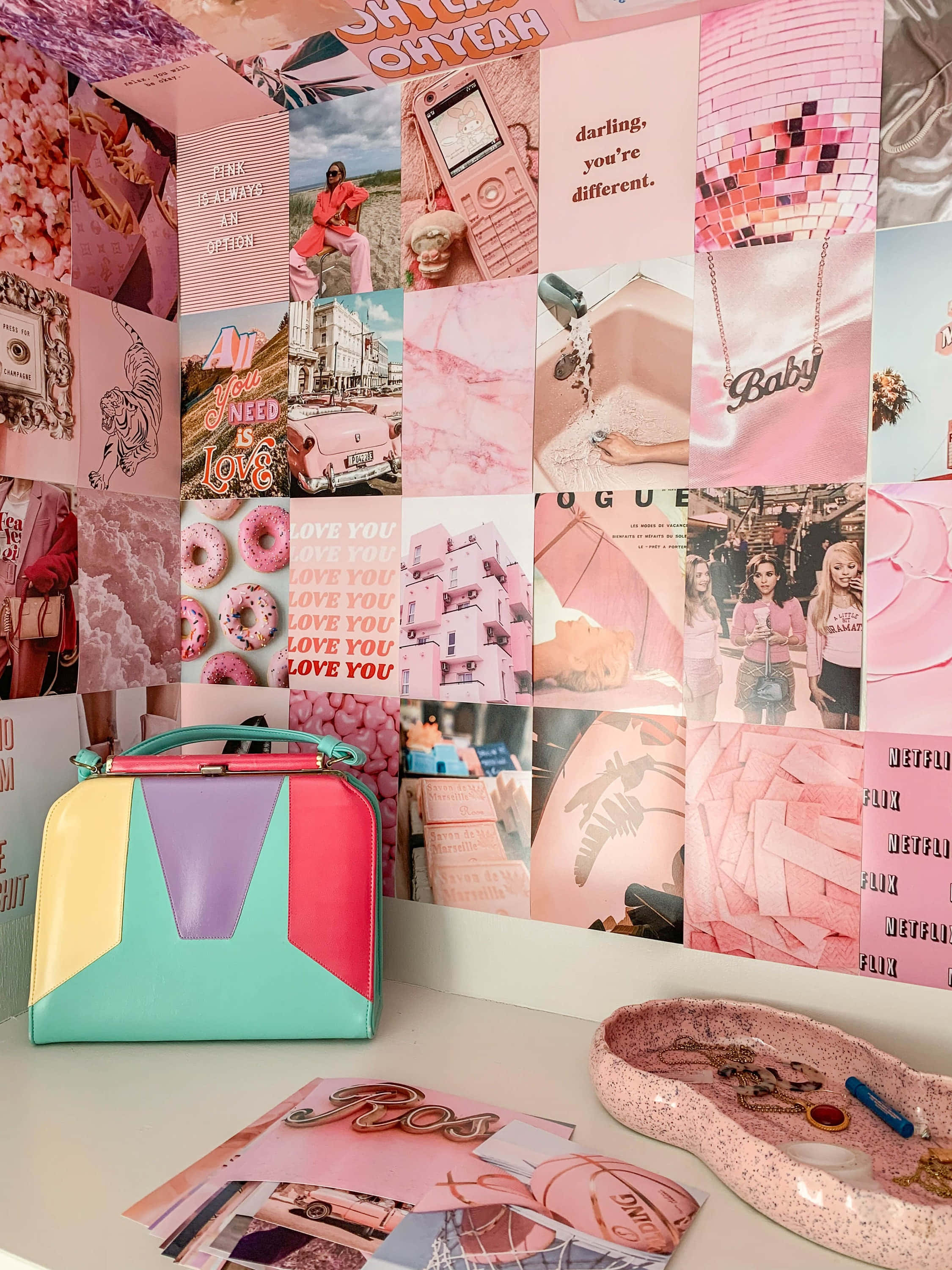 pink collage desktop, pink and white room, pink wall, 2K Phone Wallpaper