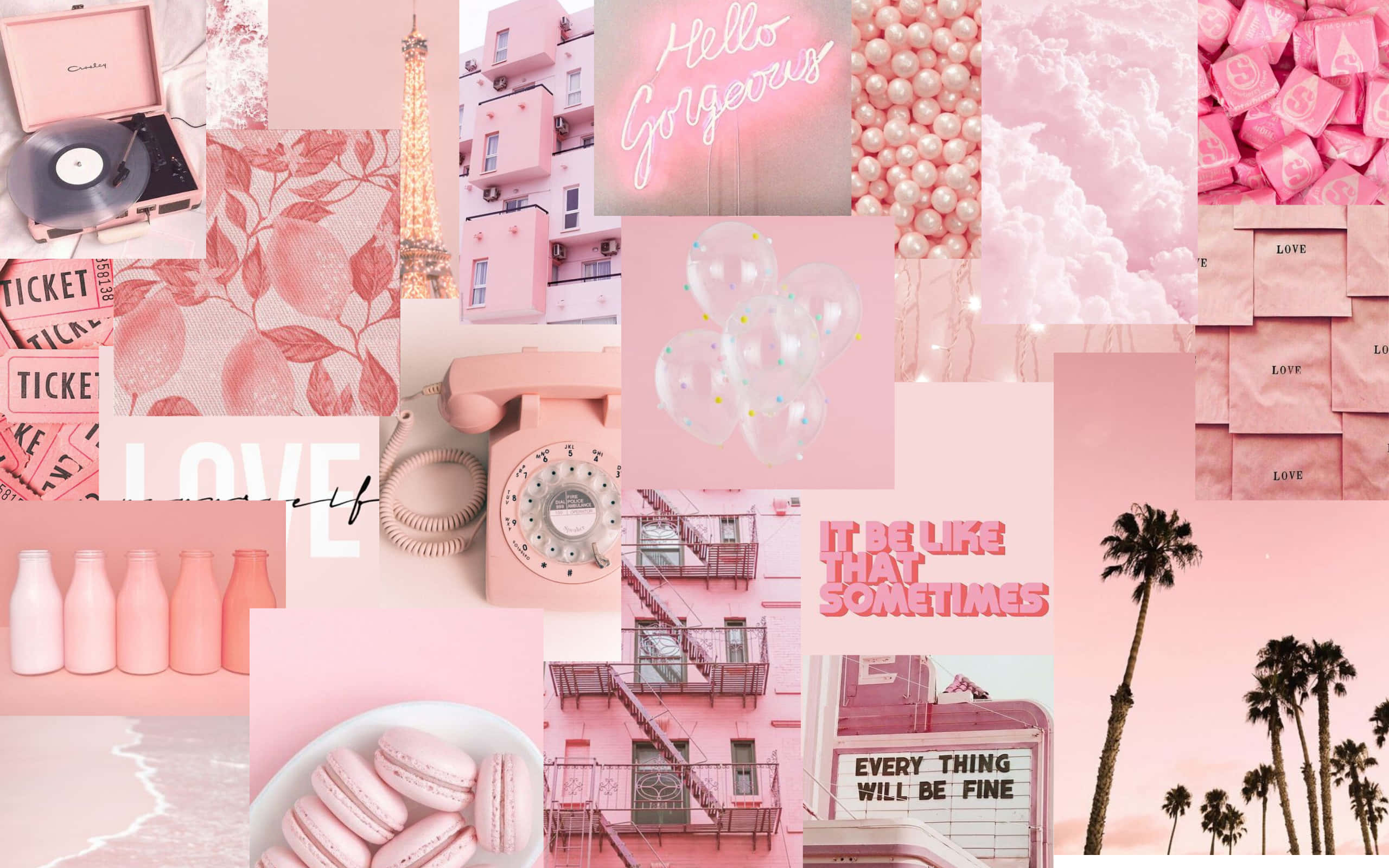 pink collage desktop, vintage phone records, palm trees, 2K Desktop Wallpaper