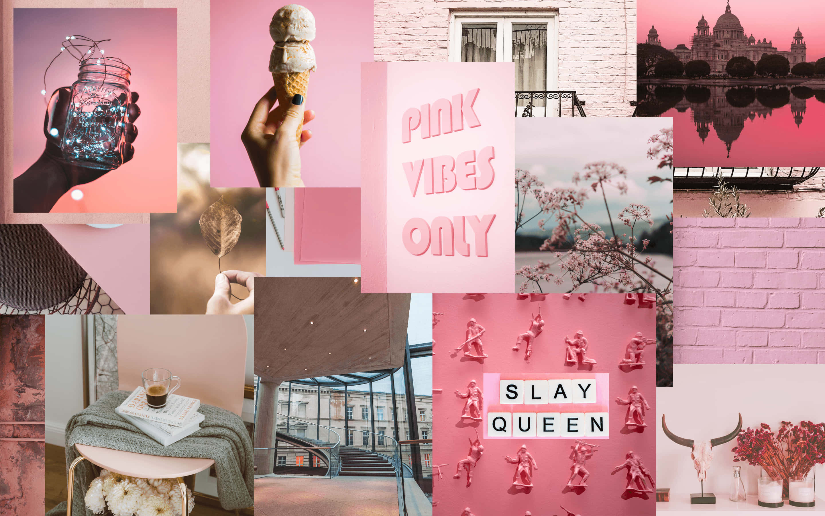 pink collage desktop, vibrant pink-themed collage, ice cream, 2K Desktop Wallpaper
