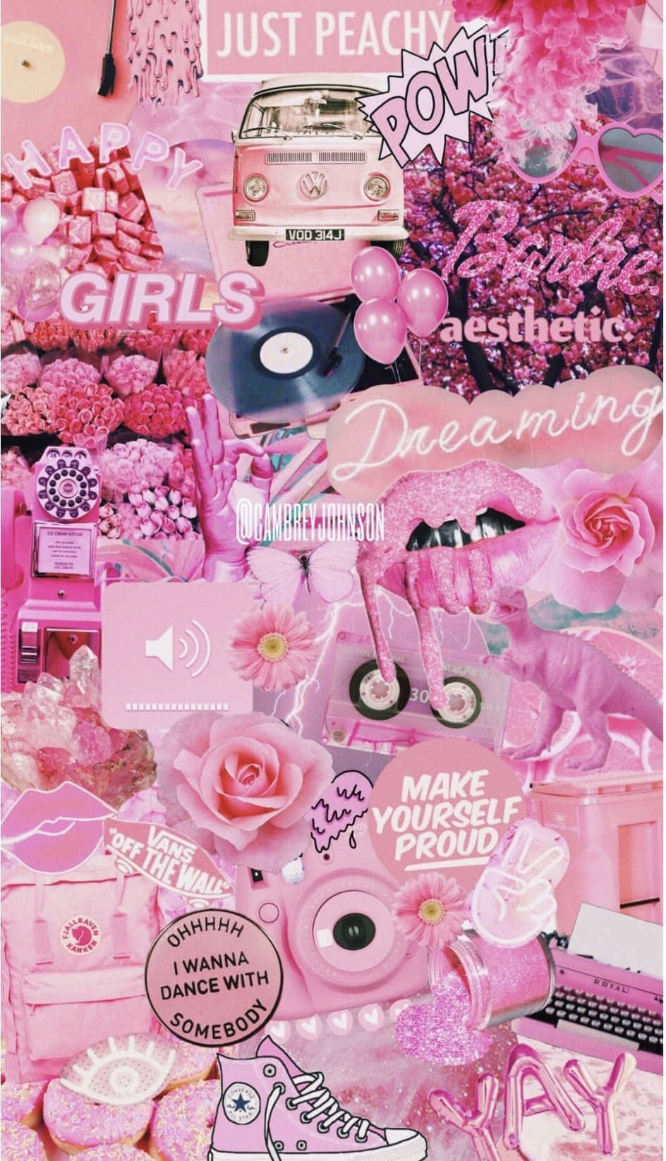 pink collage desktop, vintage van, roses, HD Phone Wallpaper