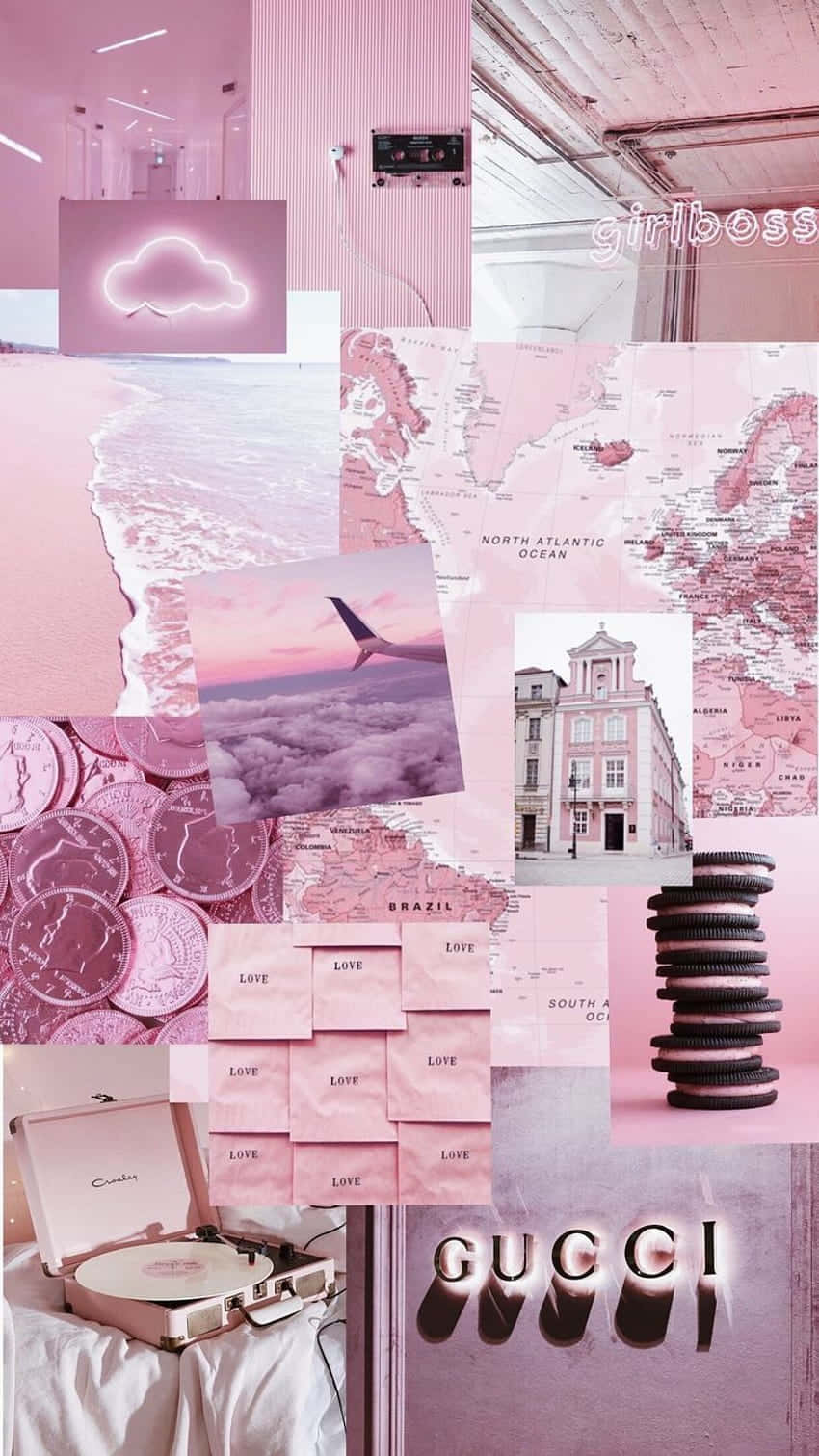 Pink Collage Desktop, vintage record player, Oreo cookies, HD Phone Wallpaper