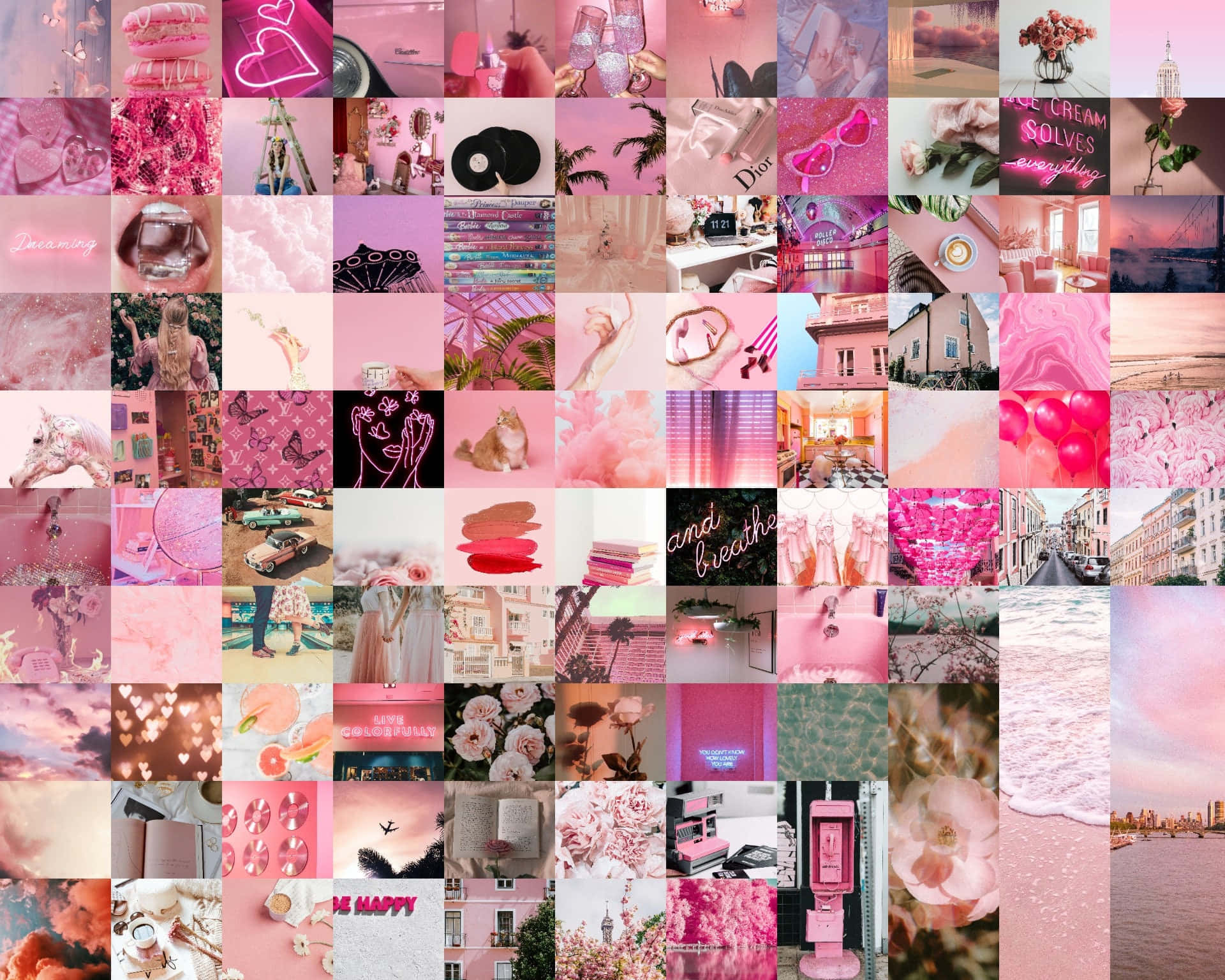 pink collage desktop, vibrant pink, hearts, Full HD Desktop Wallpaper